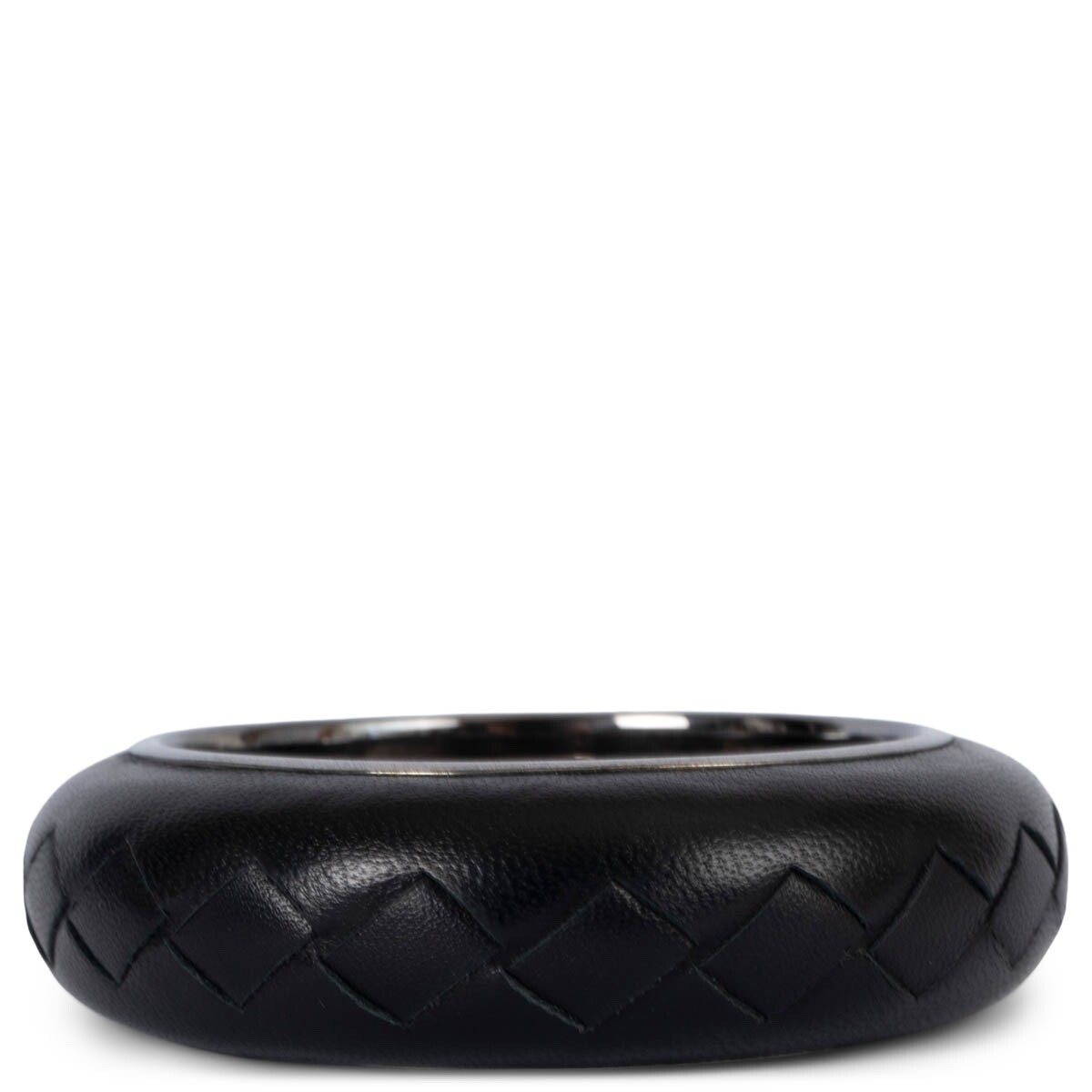69492 auth BOTTEGA VENETA black INTRECCIATO LEATHER & STERLING SILVER Bracelet