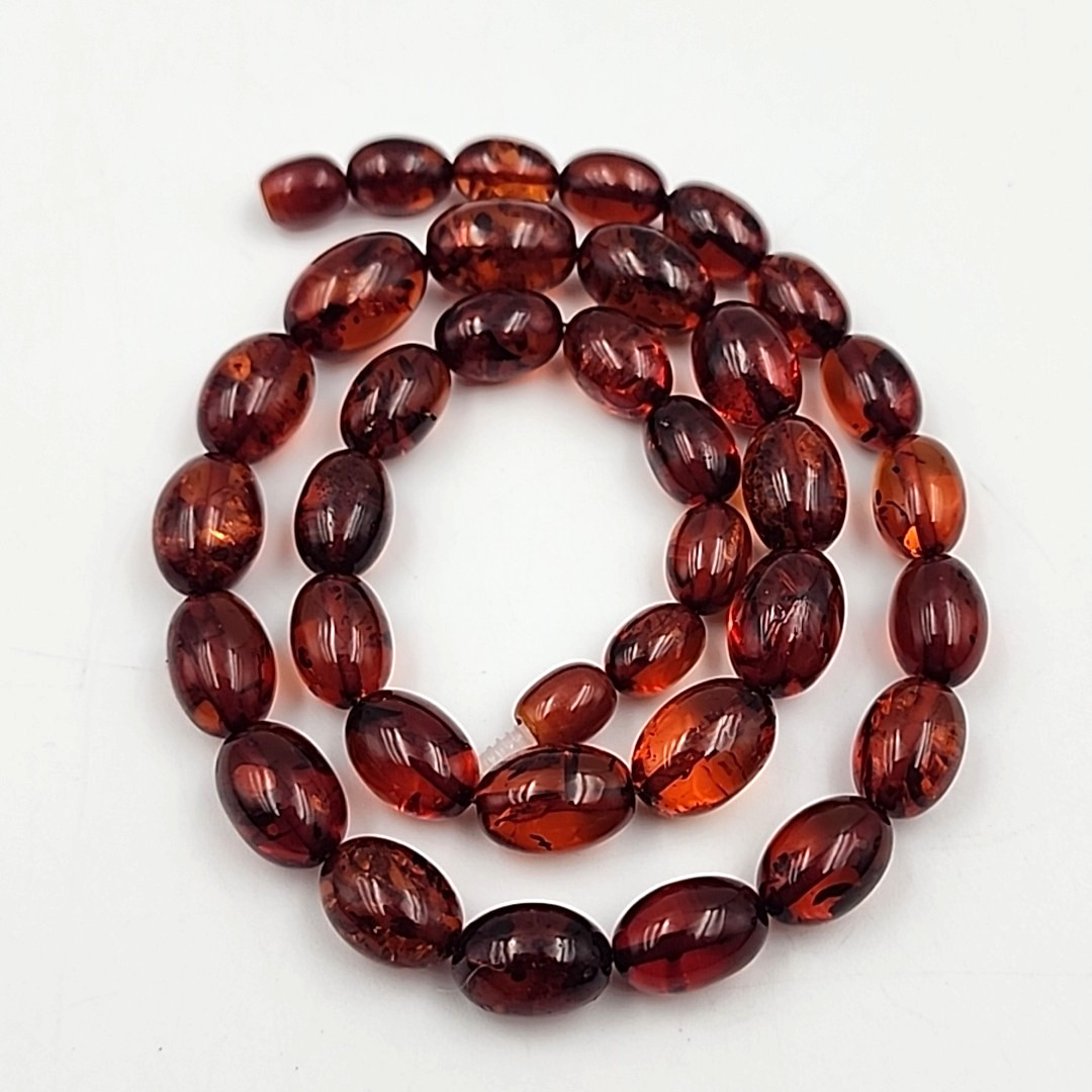 Pressed Amber Oval Bead Necklace Cognac Barrel Clasp 18.5 in Vintage