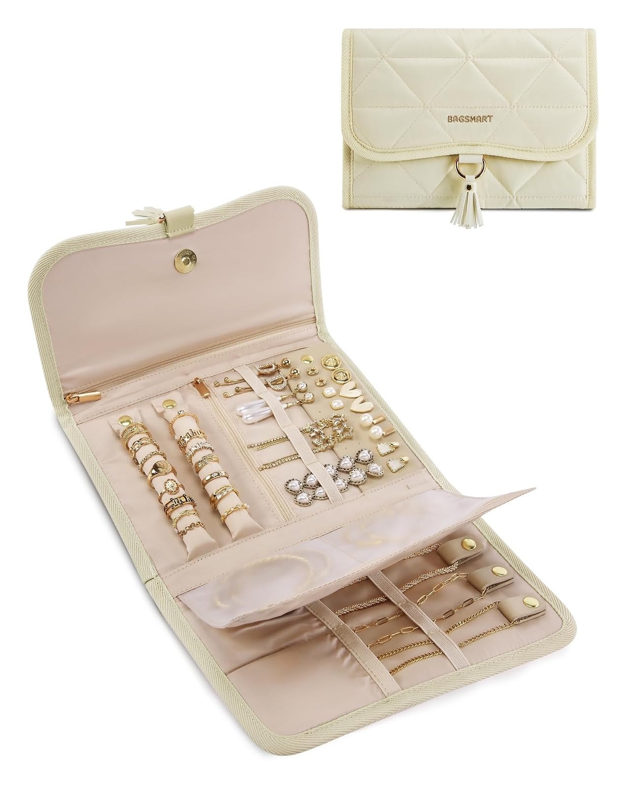 BAGSMART Travel Jewelry Case Organizer – Portable Pink Jewelry Roll