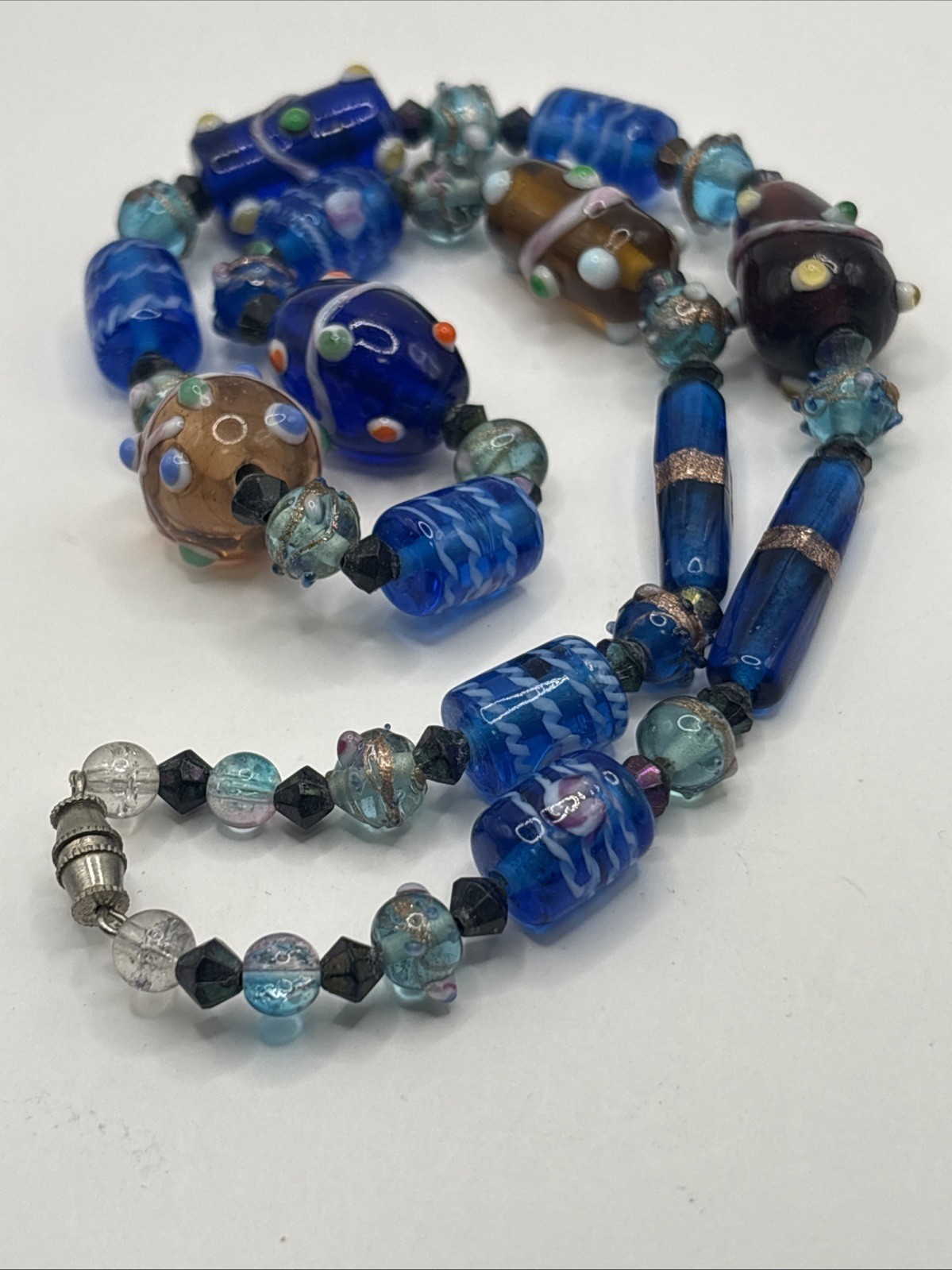 Vintage Artisan Lampwork Glass Beaded Necklace Cobalt Blue Turquoise Copper Tone