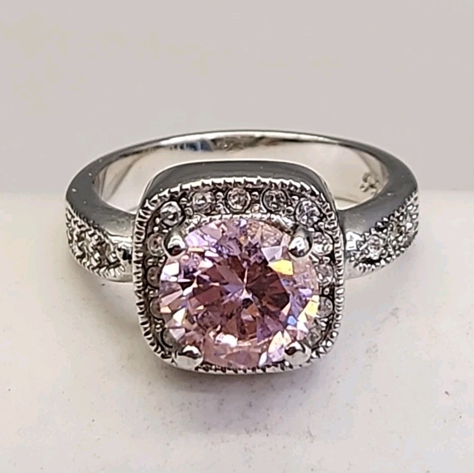 Lab Created Pink Ruby Ring PDJ Cushion Silver Plated 8