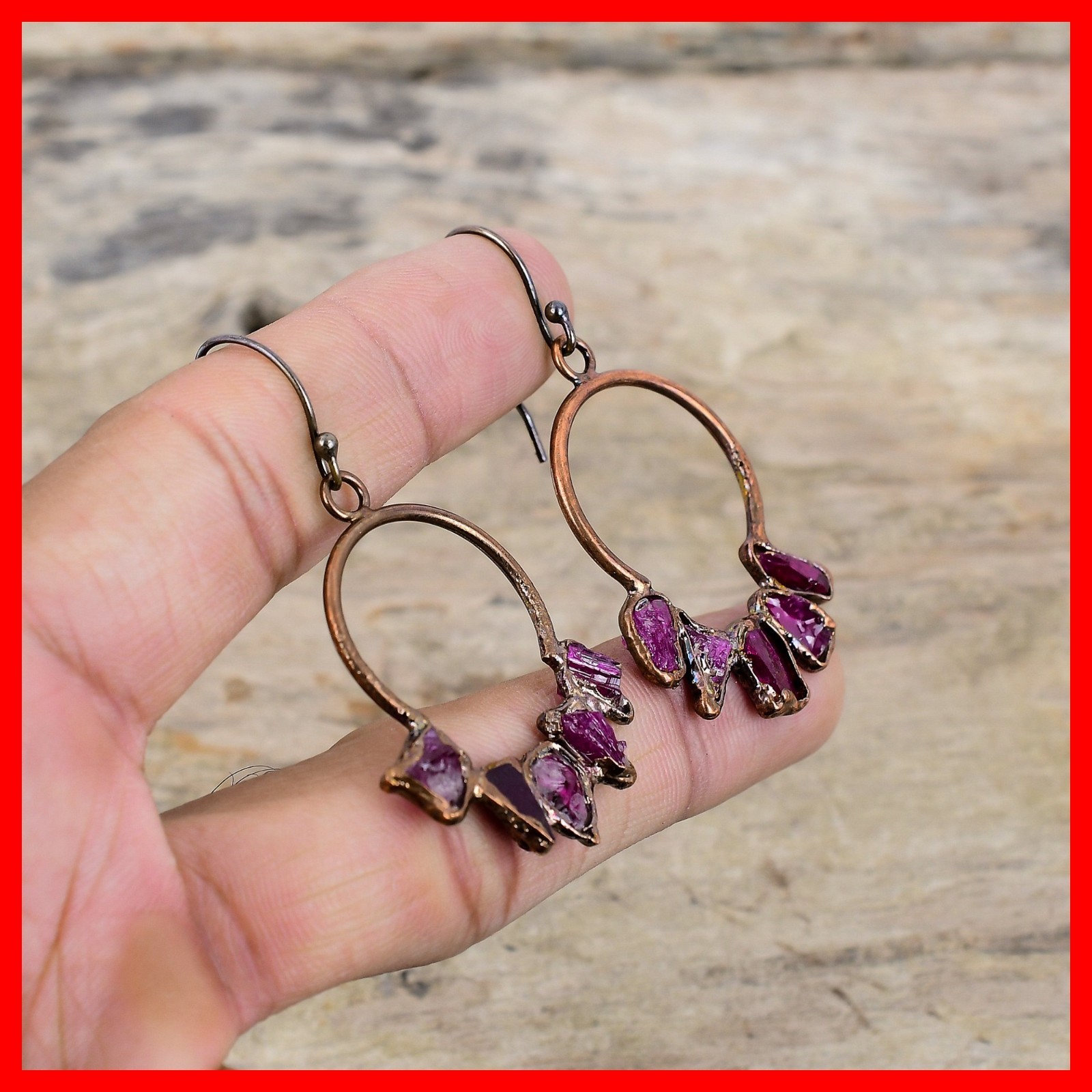 Pentagon Pink Tourmaline Rough Stone Electroformed Dangle Drop Earrings Copper