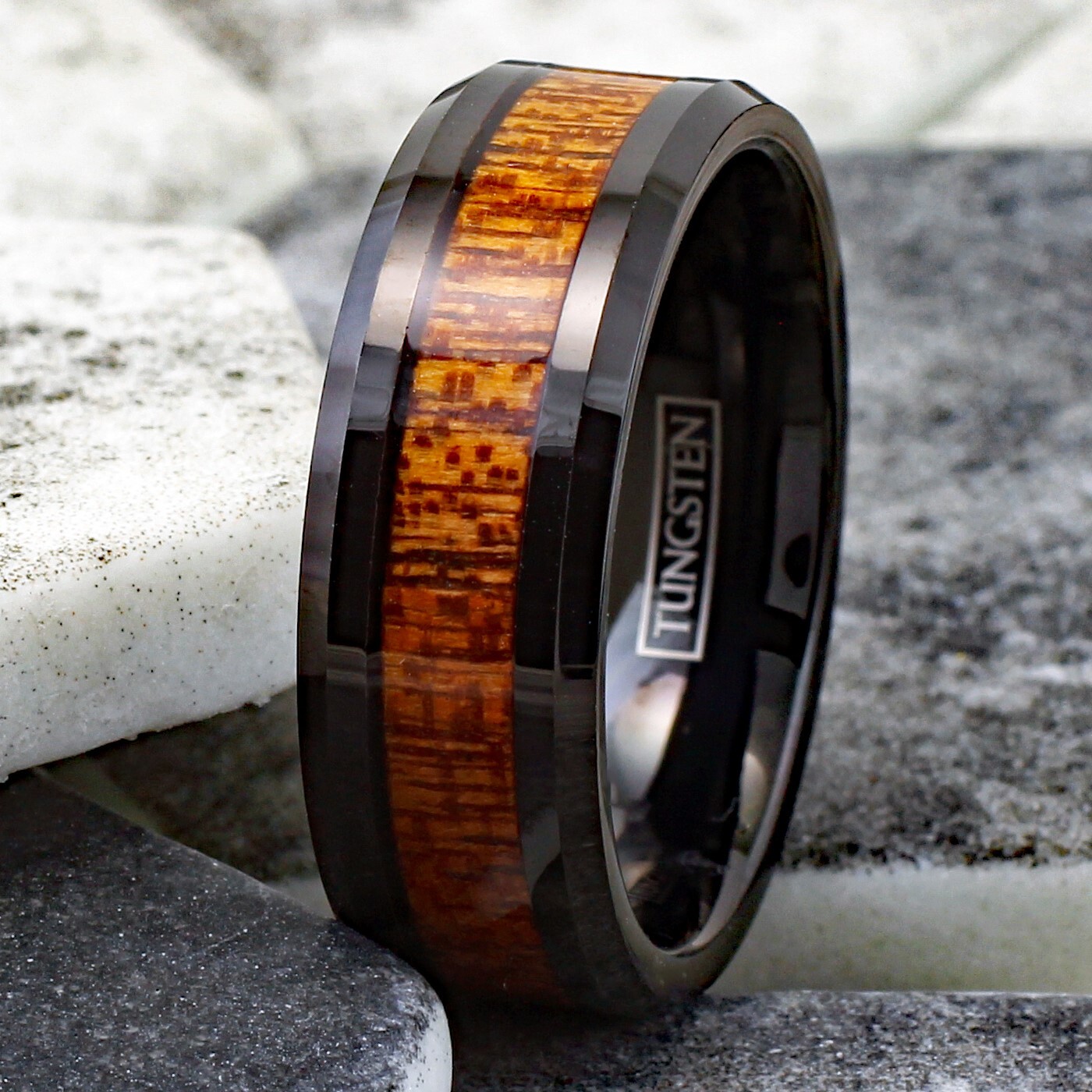 Black Tungsten Men’s Brown Wood Grain Stripe Band Ring Size 9-13