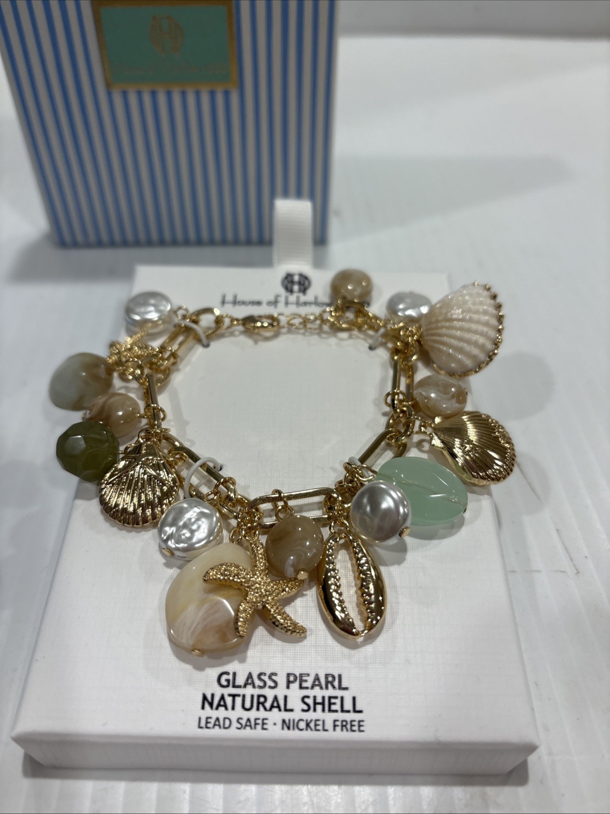 House of Harlow Glass Pearl and Natural Shell Beach Charm Bracelet NWT