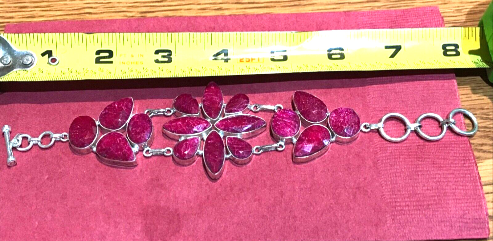 🔥925 STERLING SILVER HUGE LARGE RAW CHERRY RUBIES CHUNKY BRACELET WOMEN 8 in