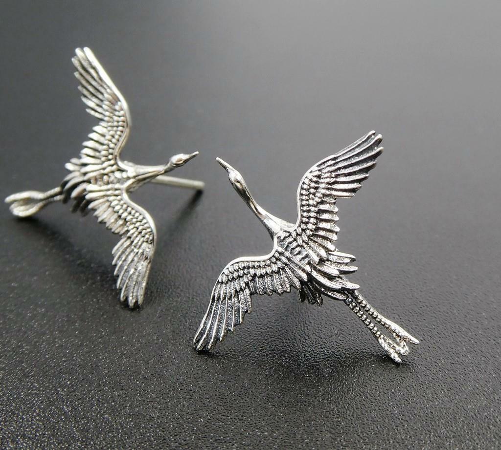 Unique Sterling Silver Flying Egret Stork Bird Stud Post Earrings Fine Details