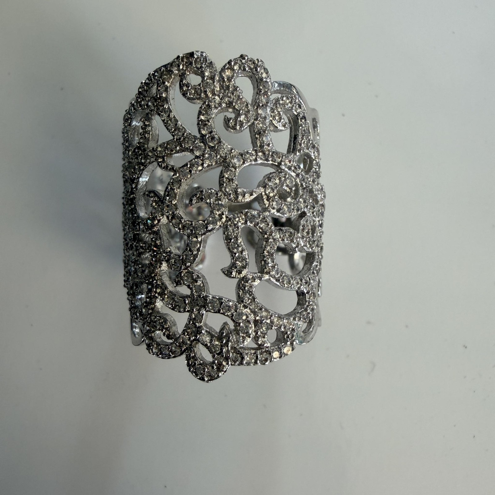 Silver Tone Rhinestone Full Finger Cocktail Ring Size 8 Filigree Statement Bling