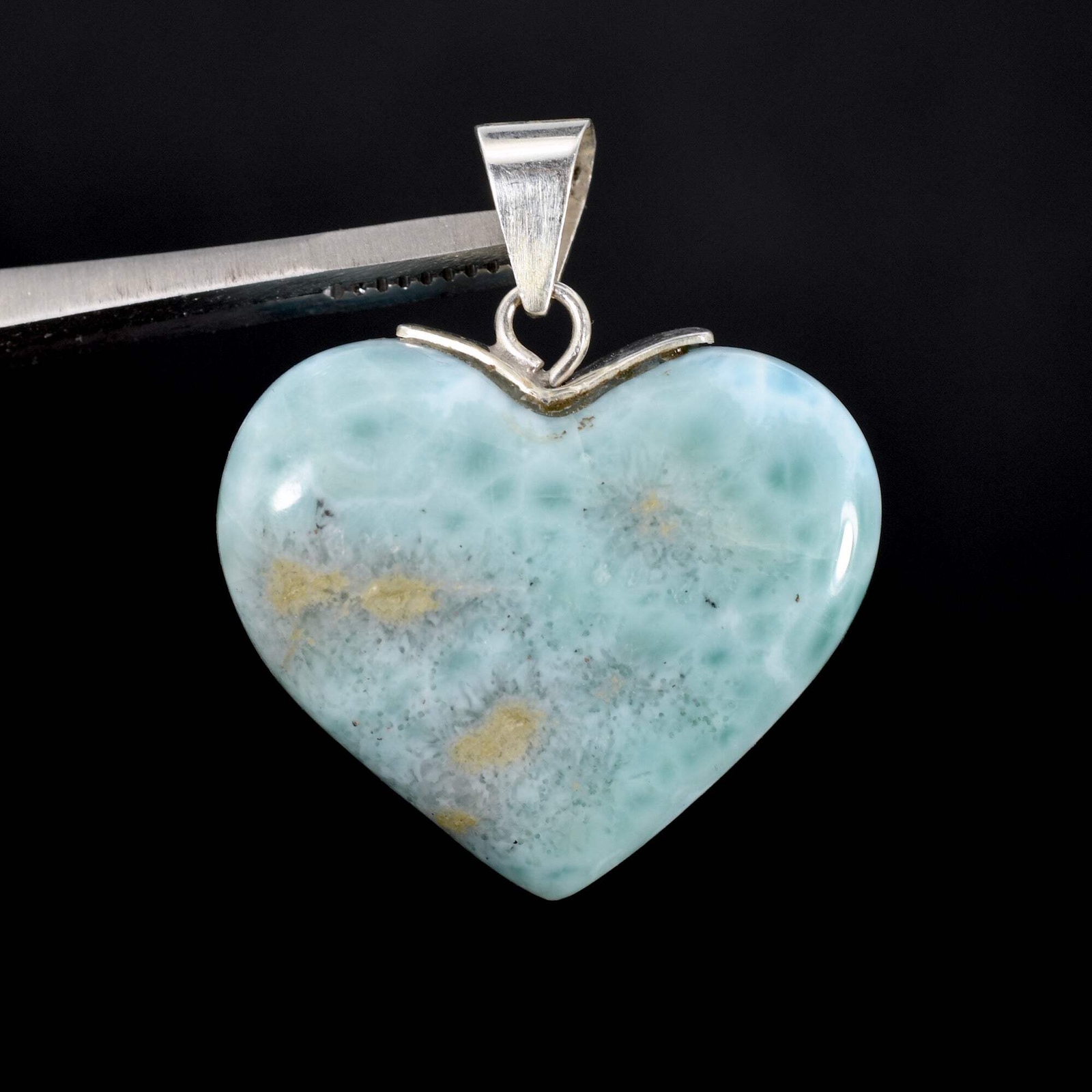 52ct 1.4in Genuine Larimar Heart Pendant for Necklace, Sterling Silver, Dominica