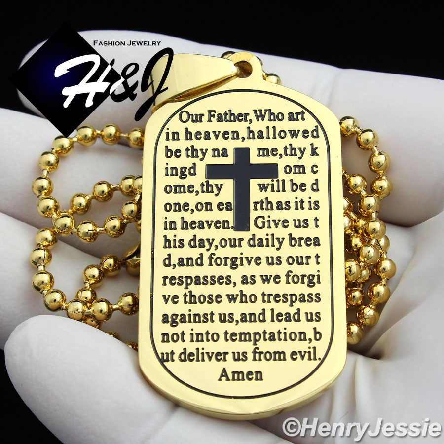 30″MEN Stainless Steel 2.5mm Gold Plated Beads Chain Bible Dog Tag Pendant*GP93