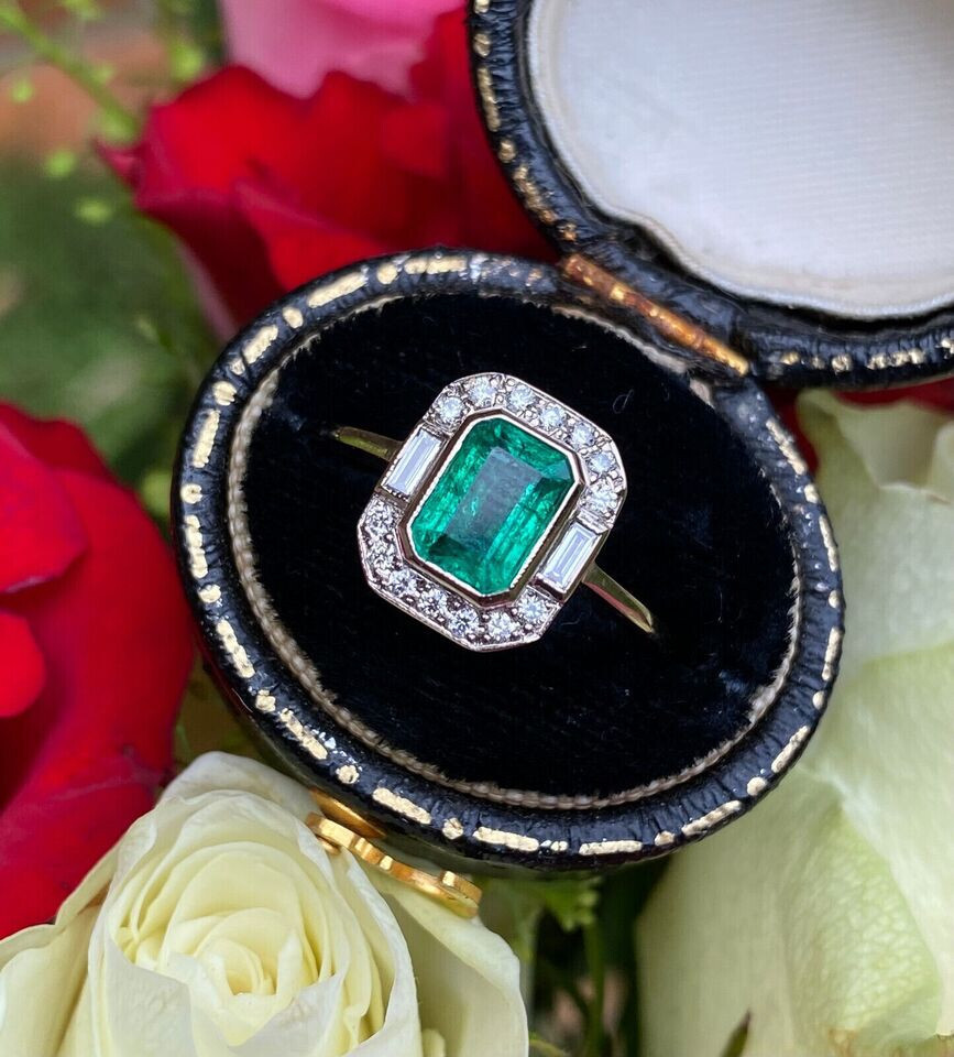 Art Deco Vintage Style 3Ct Lab Created Emerald Engagement 14k White Gold Plated