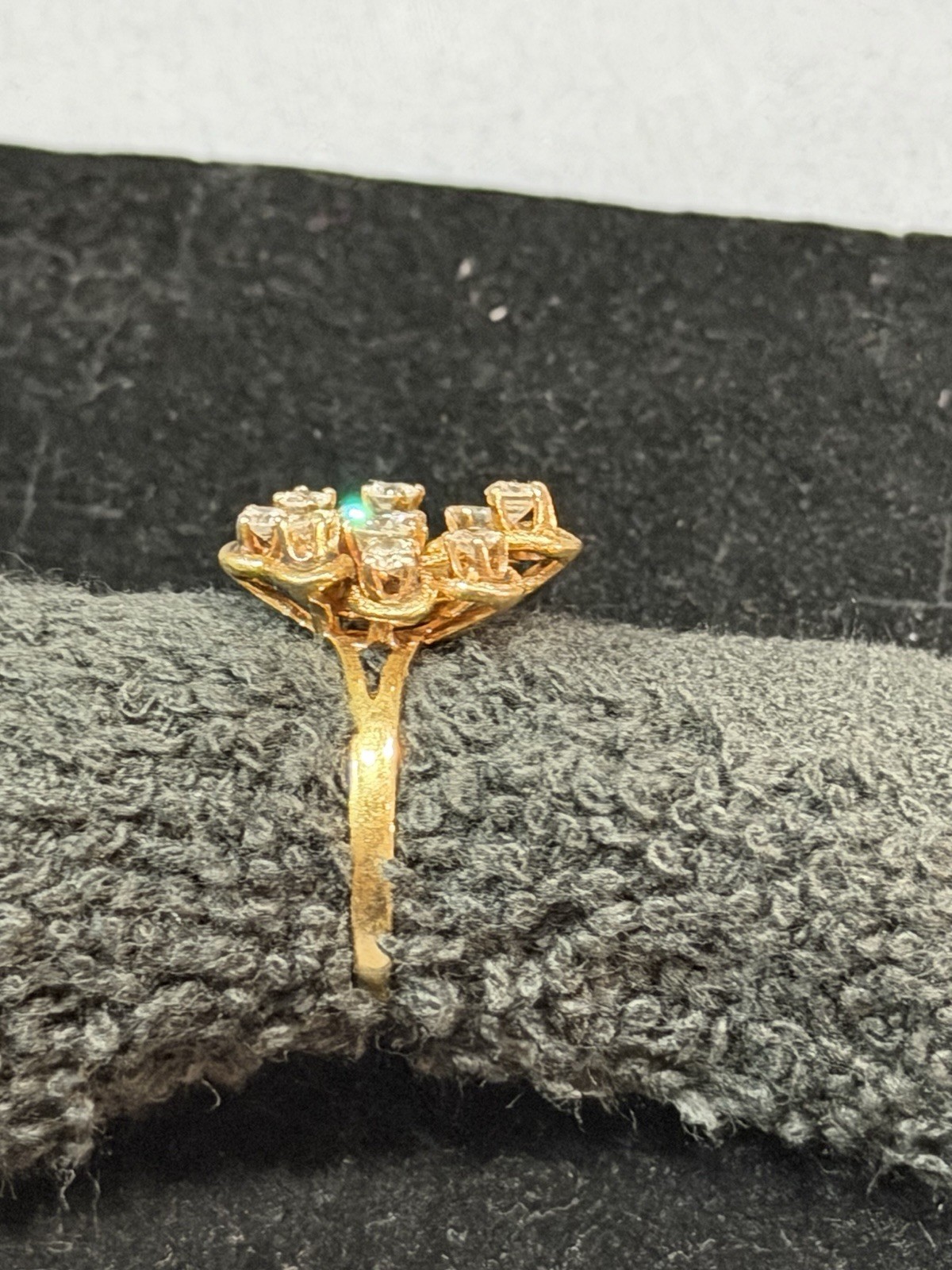 18K Yellow Gold Natural Diamond Flower Cluster Cocktail Ring Size 7 Sizable