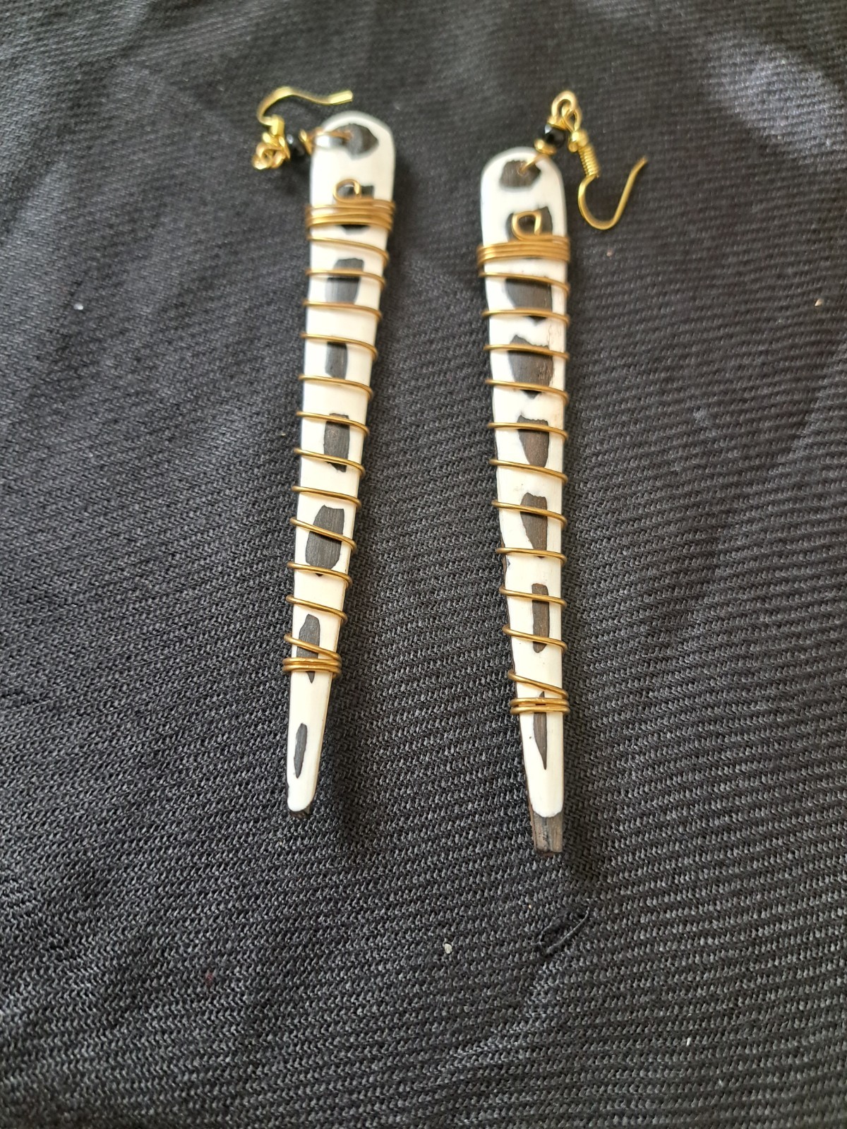 5″ Handcrafted African Bone Dangling Earrings With Bronze Spiral From Kenya