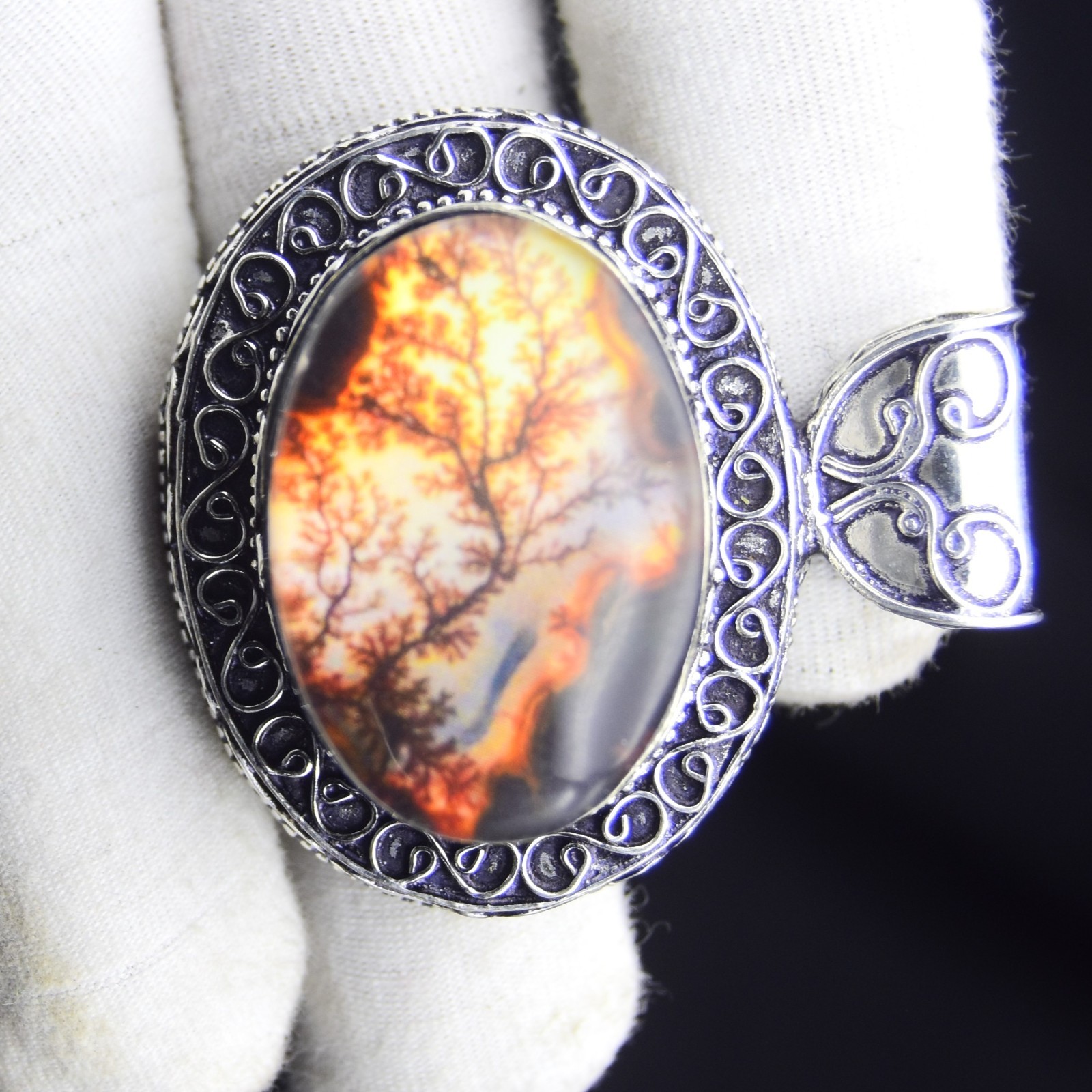 Fire Tree Dendritic Gemstone Pendant Handmade 925 Sterling Silver Jewelry 1.75″