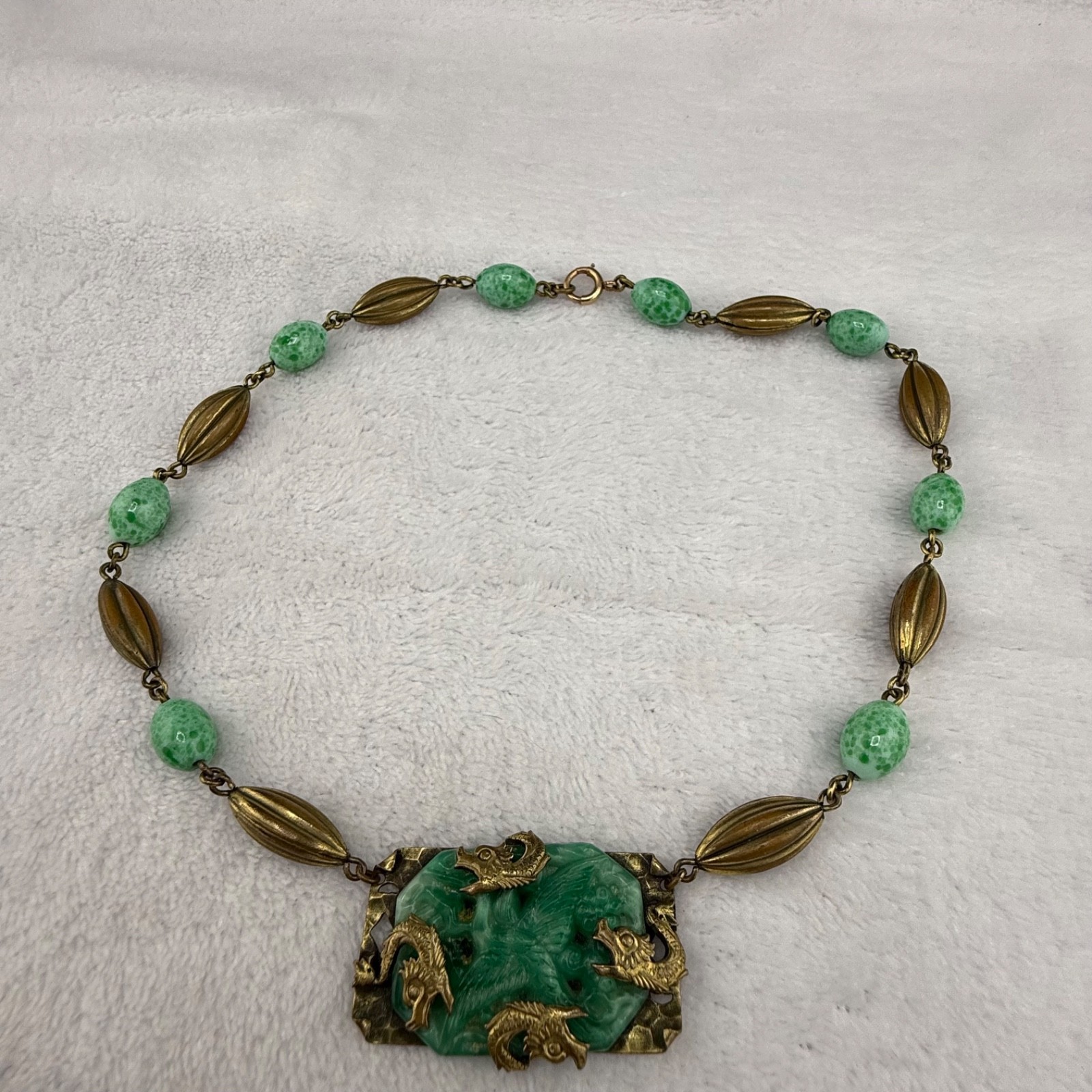 Vintage Polished Stone Dragon Necklace Gold Tone Asian 17”