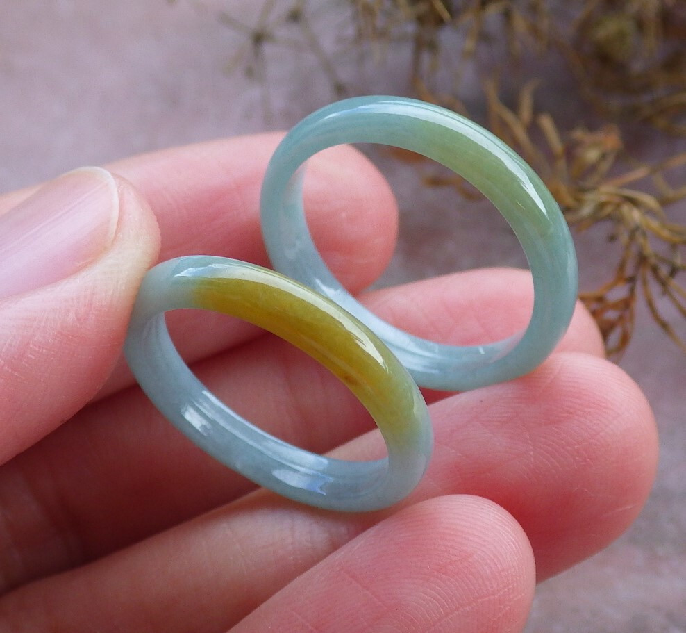 2 Pcs Certified Yellow A JADE Jadeite Circle RING USA. 6.5 & 7.5 戒指 664476 AS