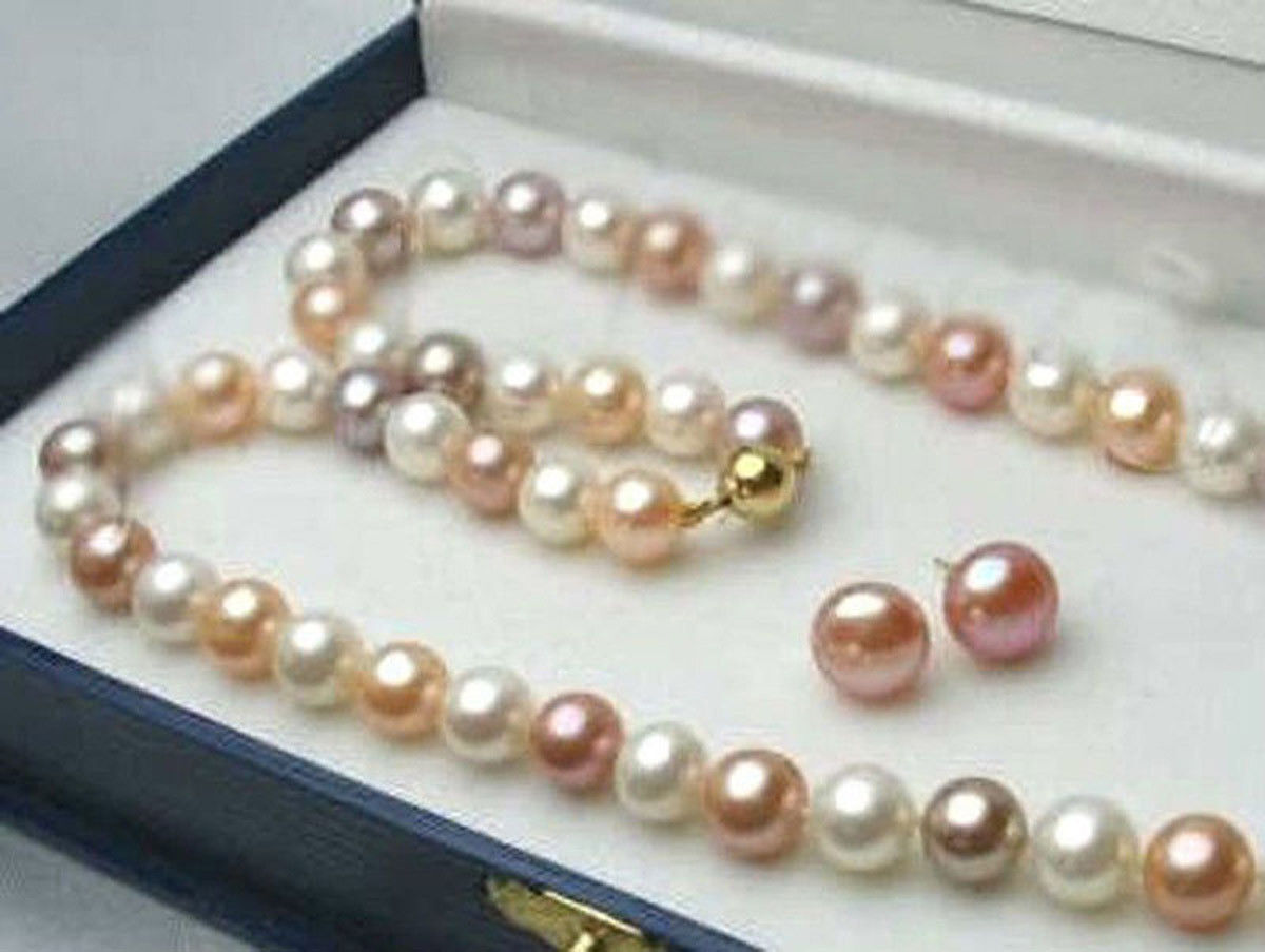 5 Colors Real Natural Multicolor Cultured Pearl Necklace Earrings Set 14-48 In