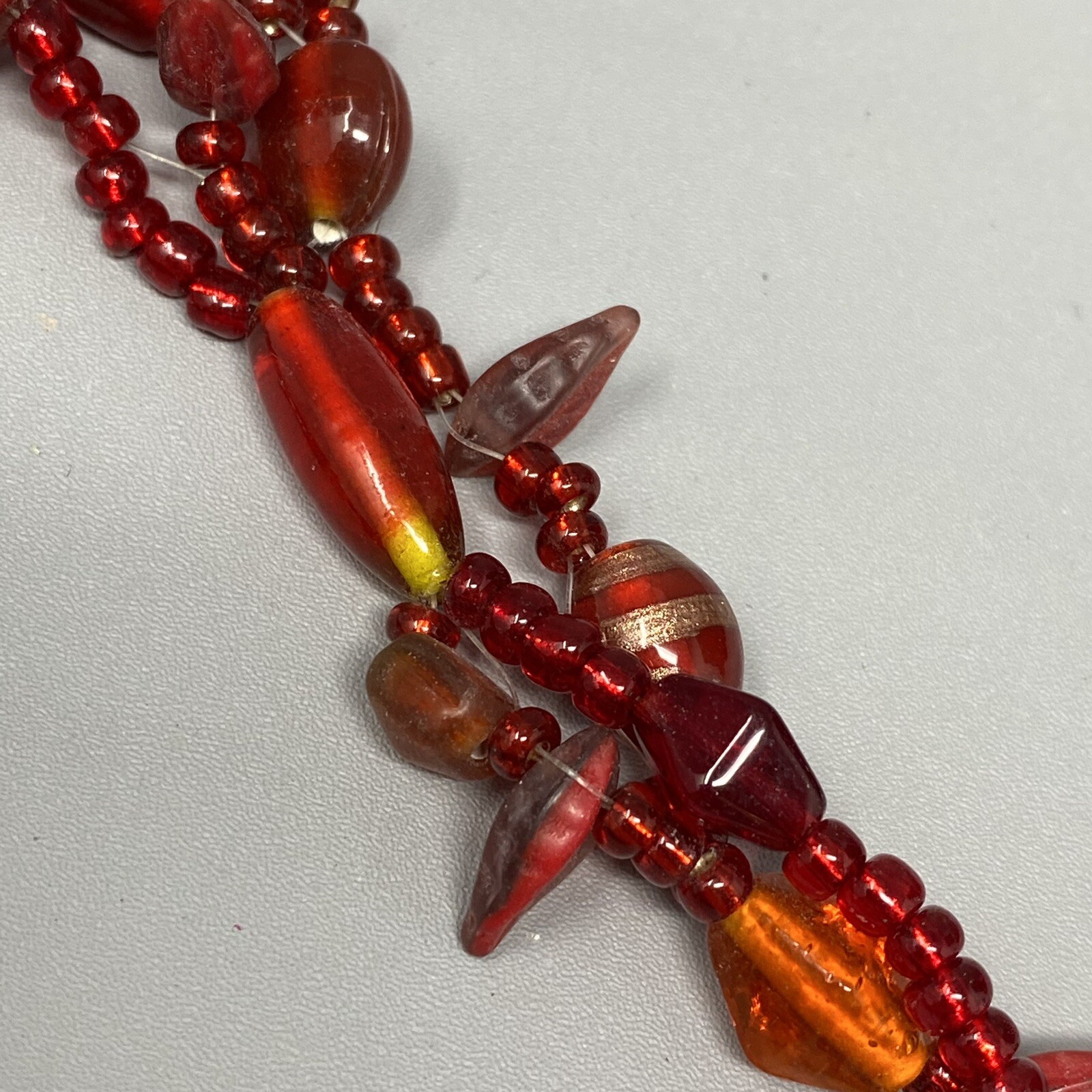 VTG Boho Glass Necklace Red Burgundy Glass Beads Czech Dichroic Frost Molded 24″