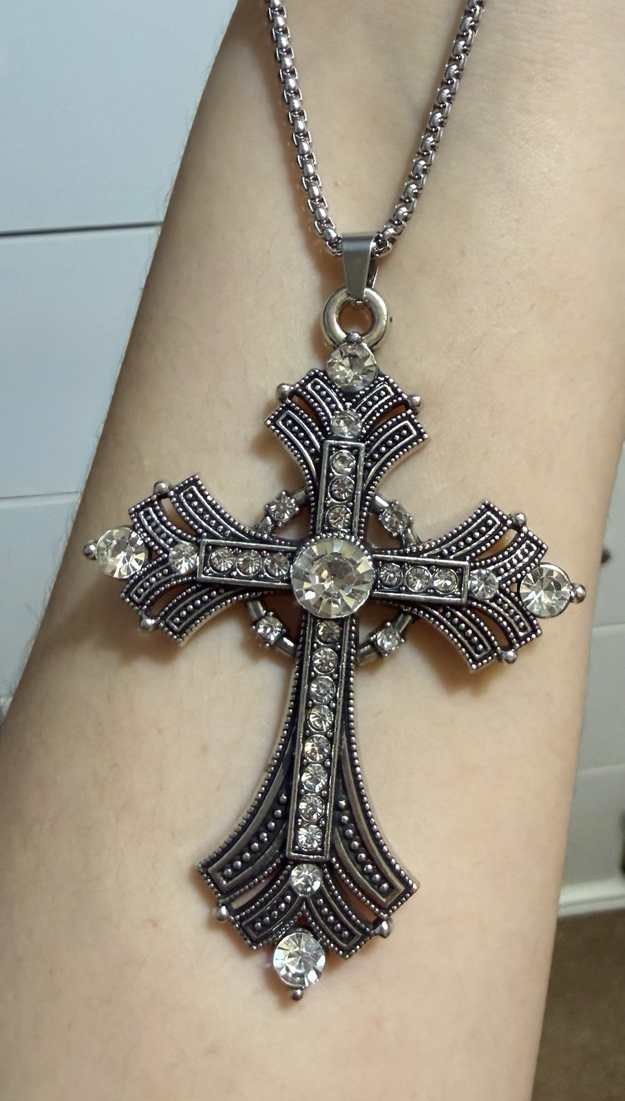 Silver Tone Cross Necklace Chain Religious Gothic Grunch Whimsgoth Victorian