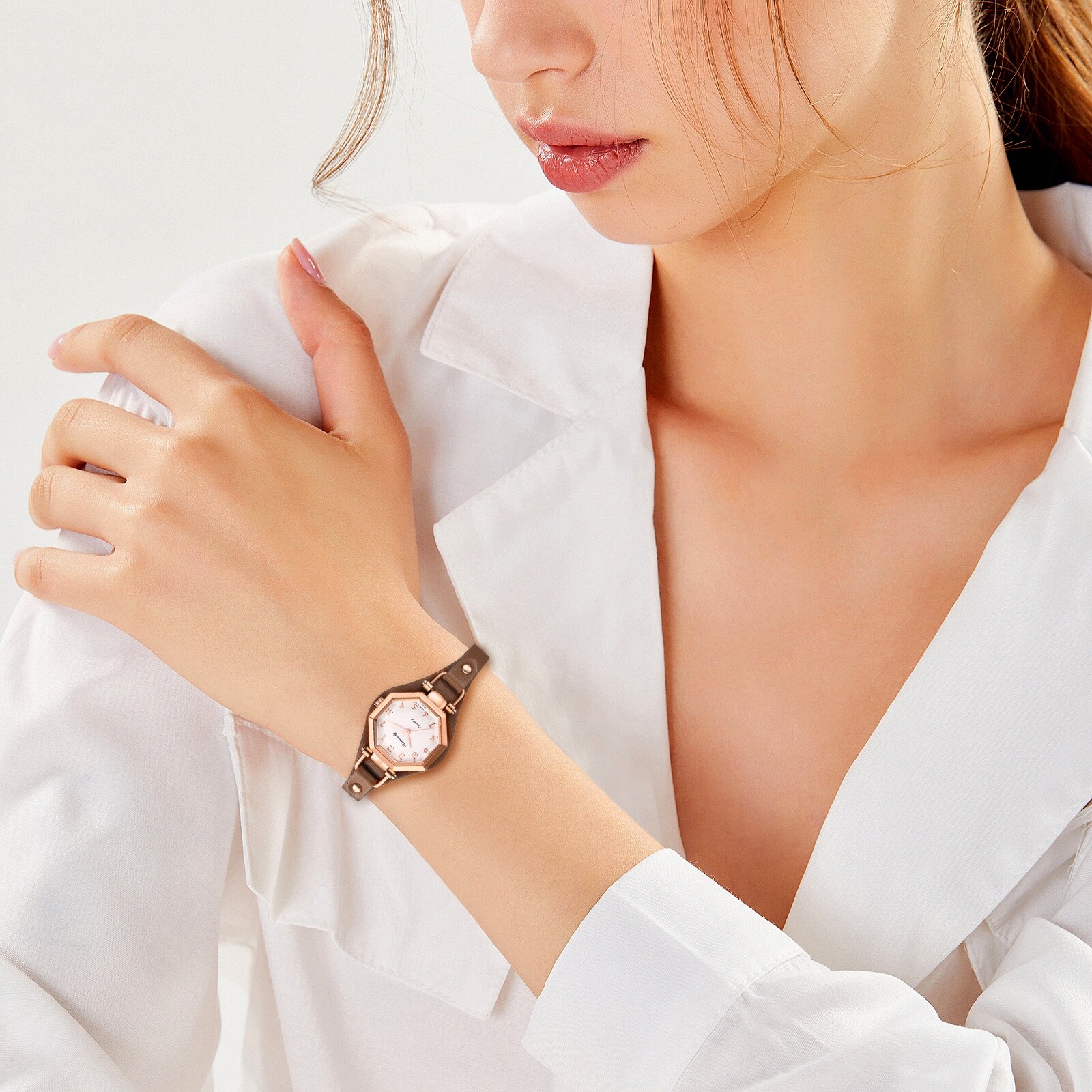 Women Retro Octagon Dial Design Quartz Slim Leather Band Ladies Dress WristWatch