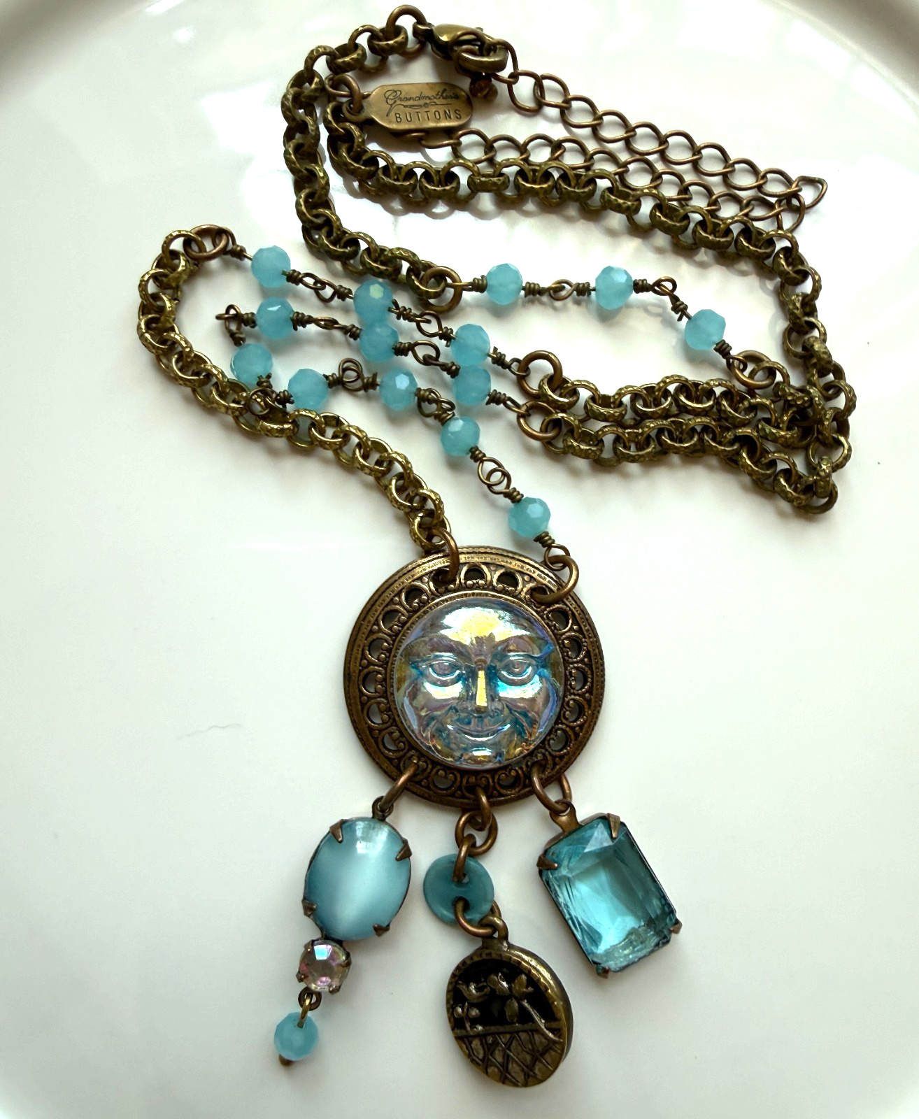 Grandmother’s Buttons Art Glass Necklace Moon Face Vintage Blue Bead Brass Chain