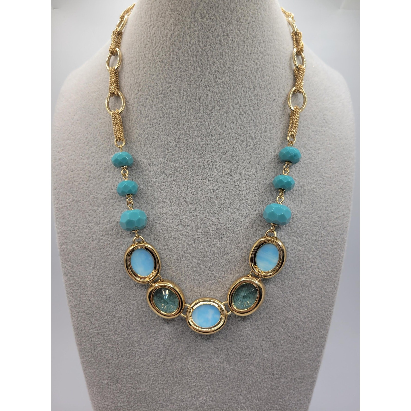 Vintage Signed Monet Faux Larimar Aqua Necklace Oval Crystal Cabochons 1990s