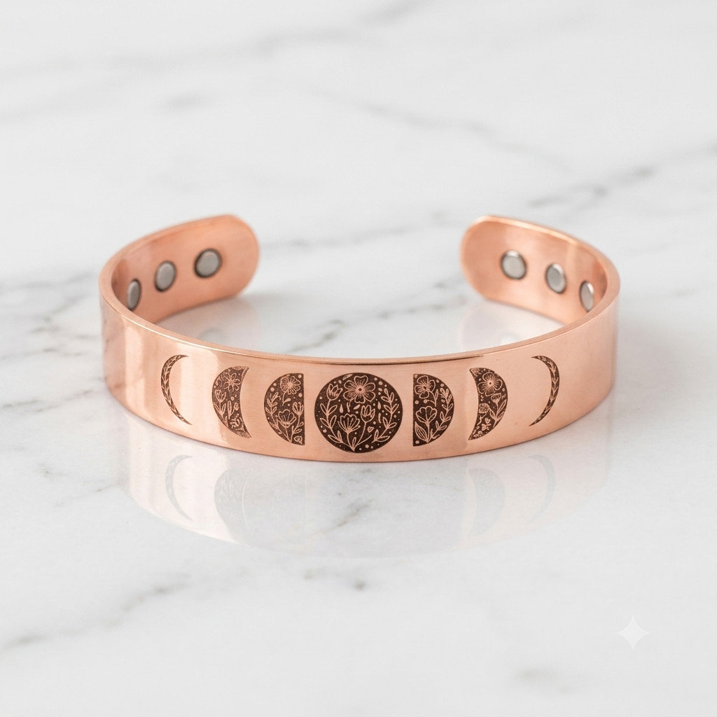 Flower Moon Phases Solid Copper Magnetic Bracelet Arthritis Pain Therapy Cuff