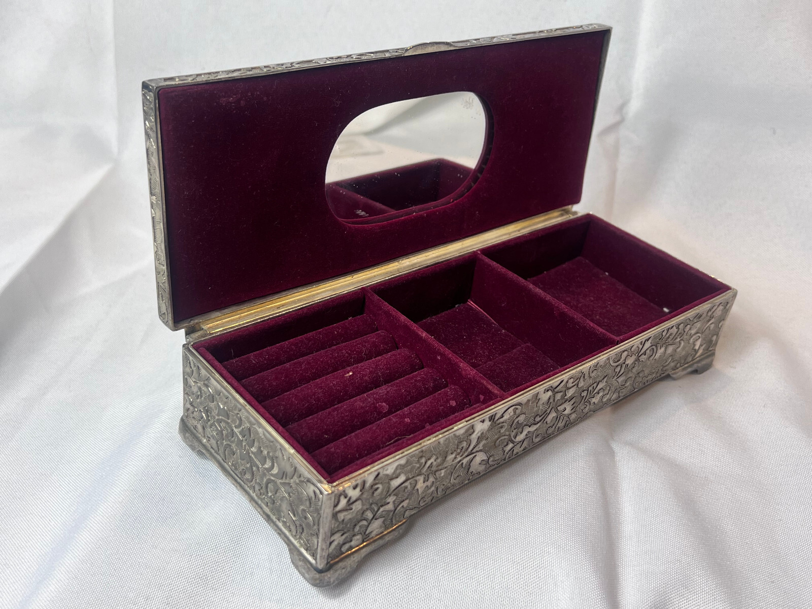 Vtg Silver Tone Jewelry Box Mirrored Dresser Vanity Table Top Lined Case