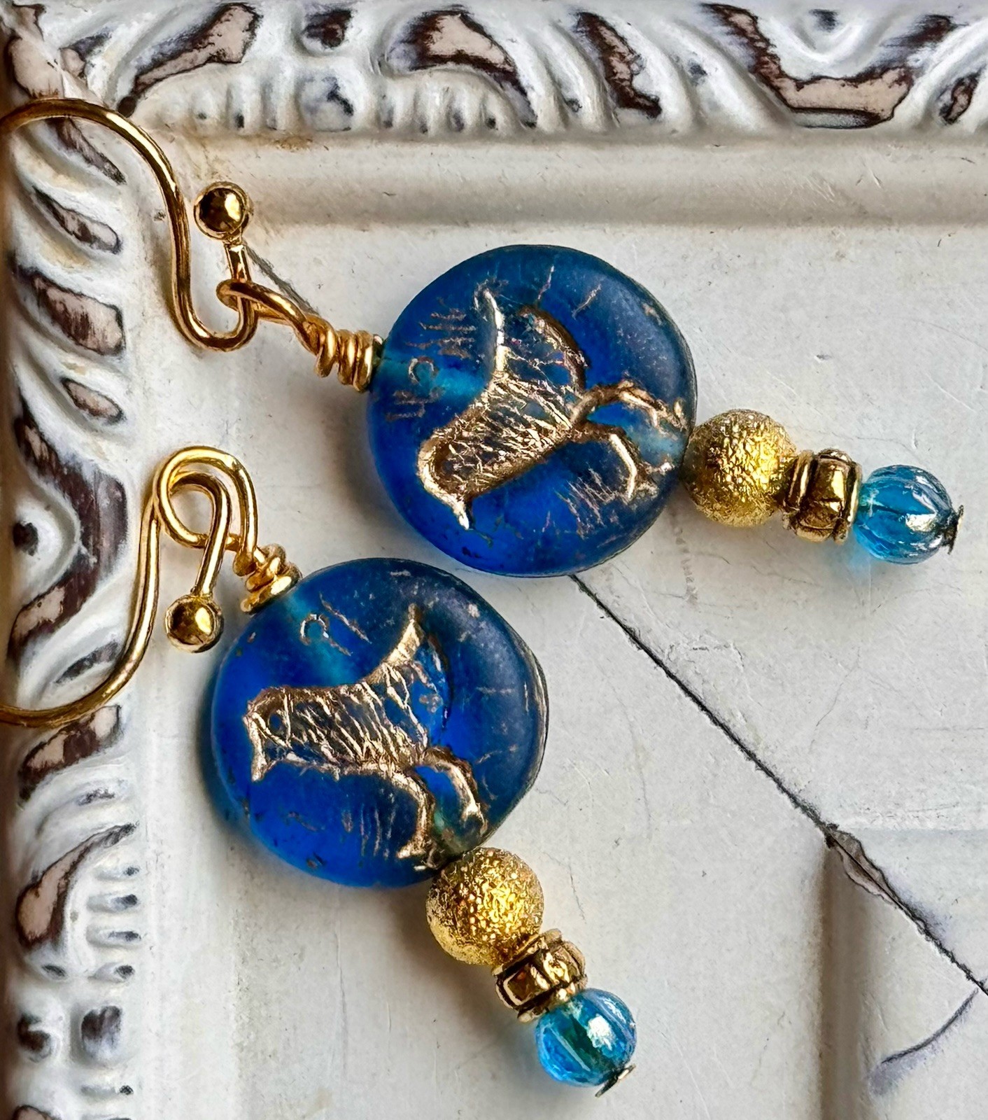 Sweet Etched Gold Heart and Blue Bird Earrings. Love. Nature