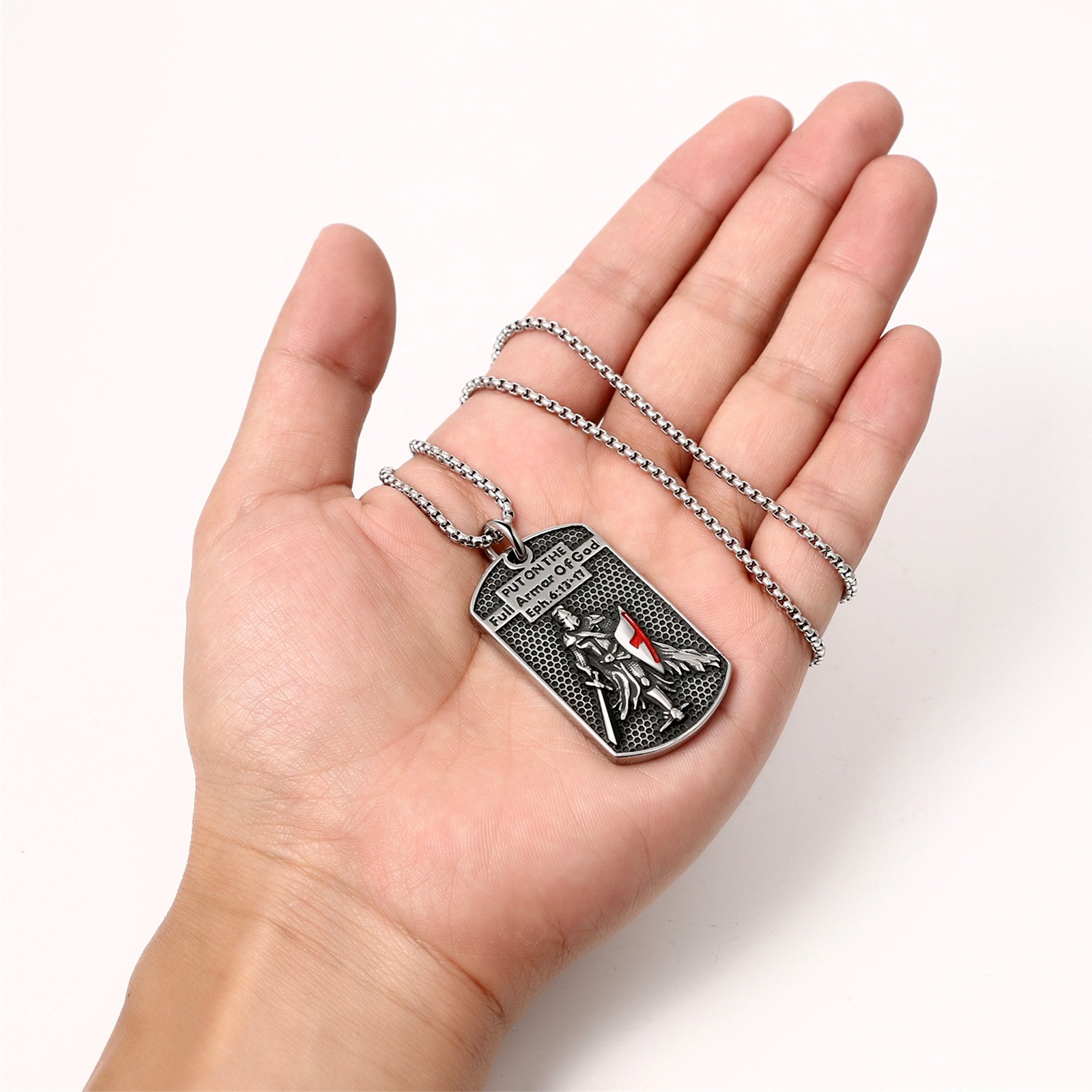 Men’s Knight Templar Armor of God Necklace Ephesians 6:13-17 Red Cross Pendant
