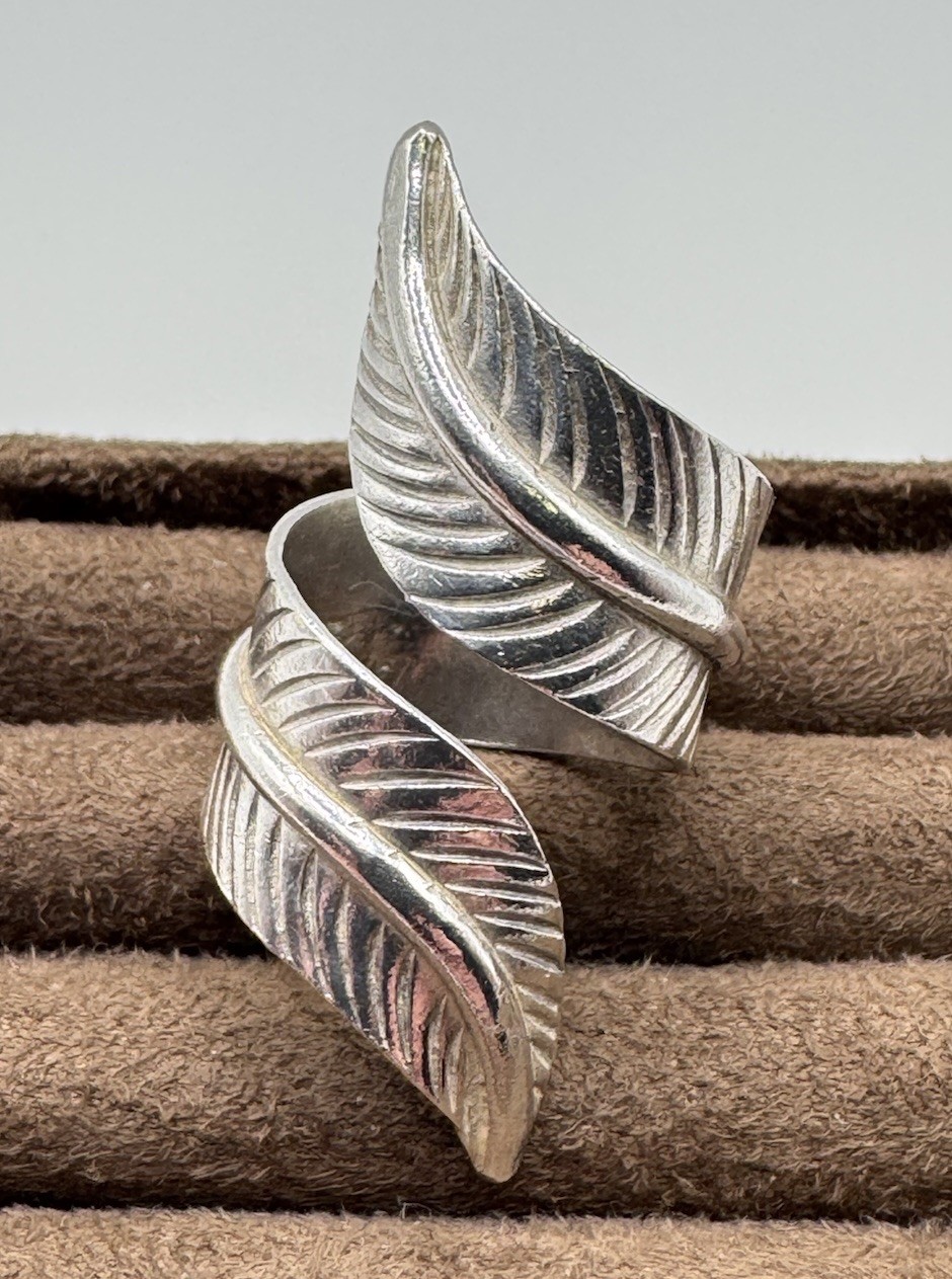 Vtg Sterling Silver Feather Leaf Bypass Wrap Adjustable Ring Chunky Large Size 6