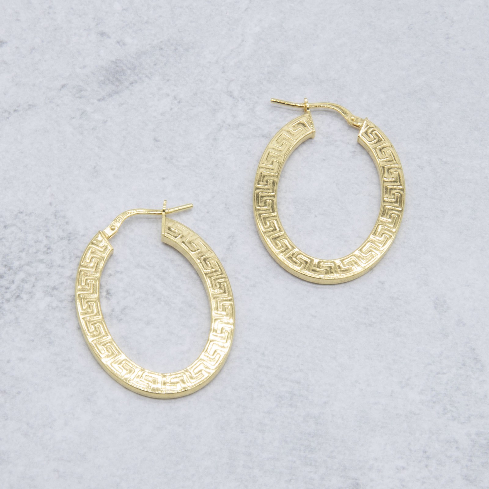 1 3/8″ Oval Greek Key Hoop Earrings 14K Yellow Gold-Plated Silver 925