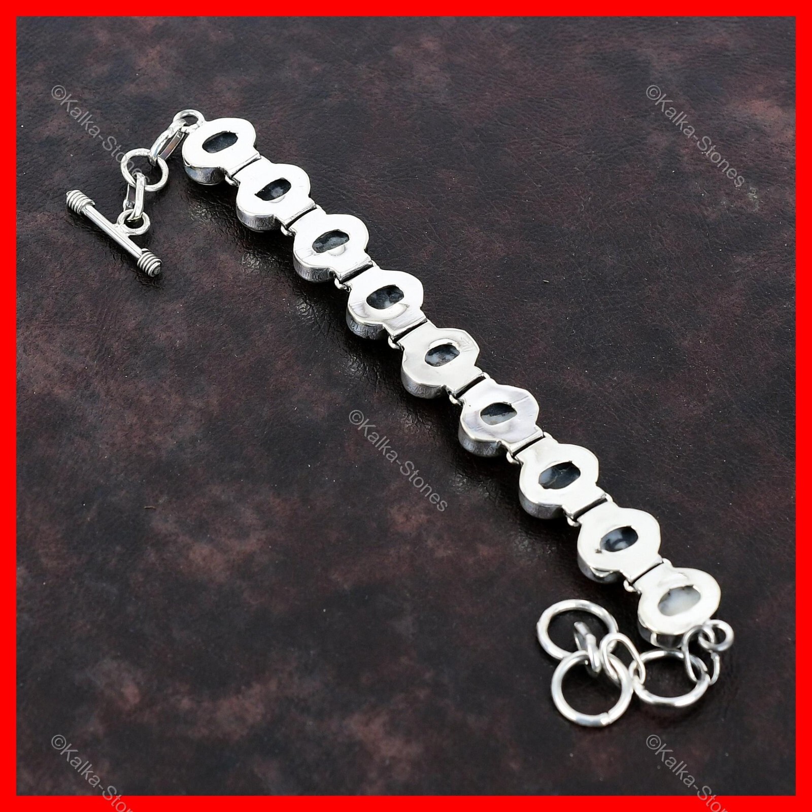 925 Sterling Silver White Buffalo Turquoise Stone Chain Bezel Bracelet Jewelry