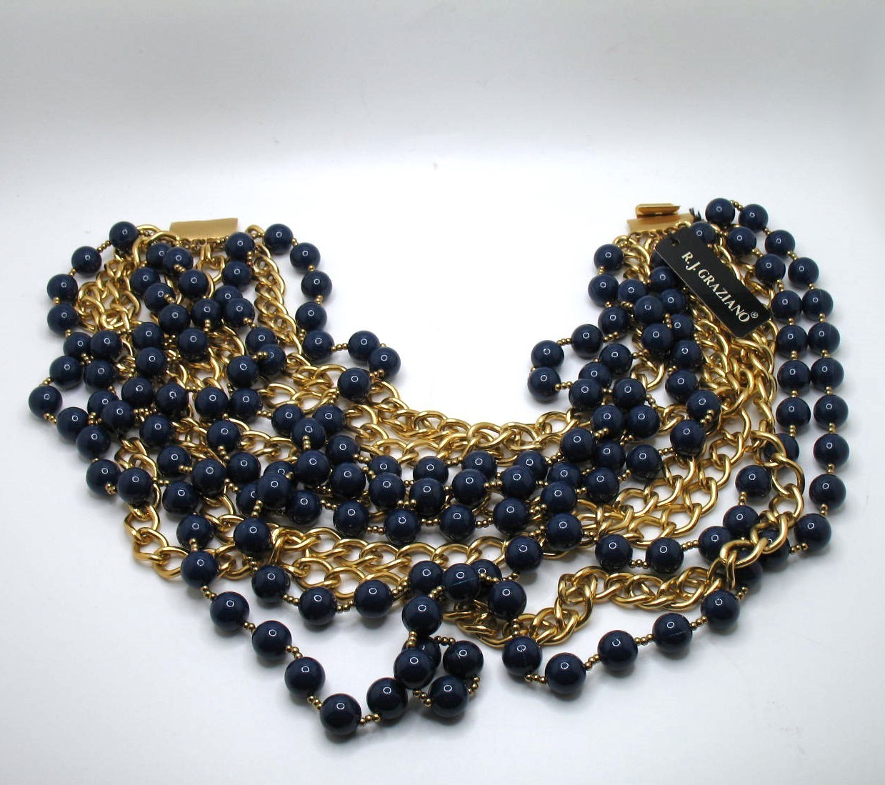 Vintage RJ Graziano 10-strand runway statement bib necklace Navy and goldtone