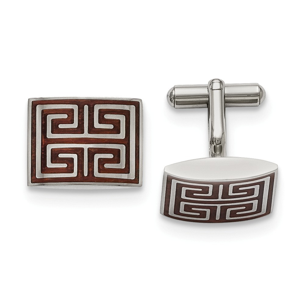 Men’s Stainless Steel and Wood Inlay Greek Key Rectangular Cuff Links