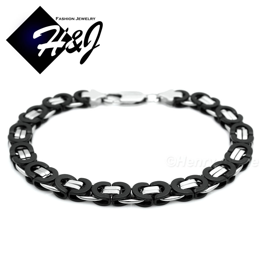 24″MEN Stainless Steel 8mm Silver/Black Plated Flat Box Link Necklace Bracelet
