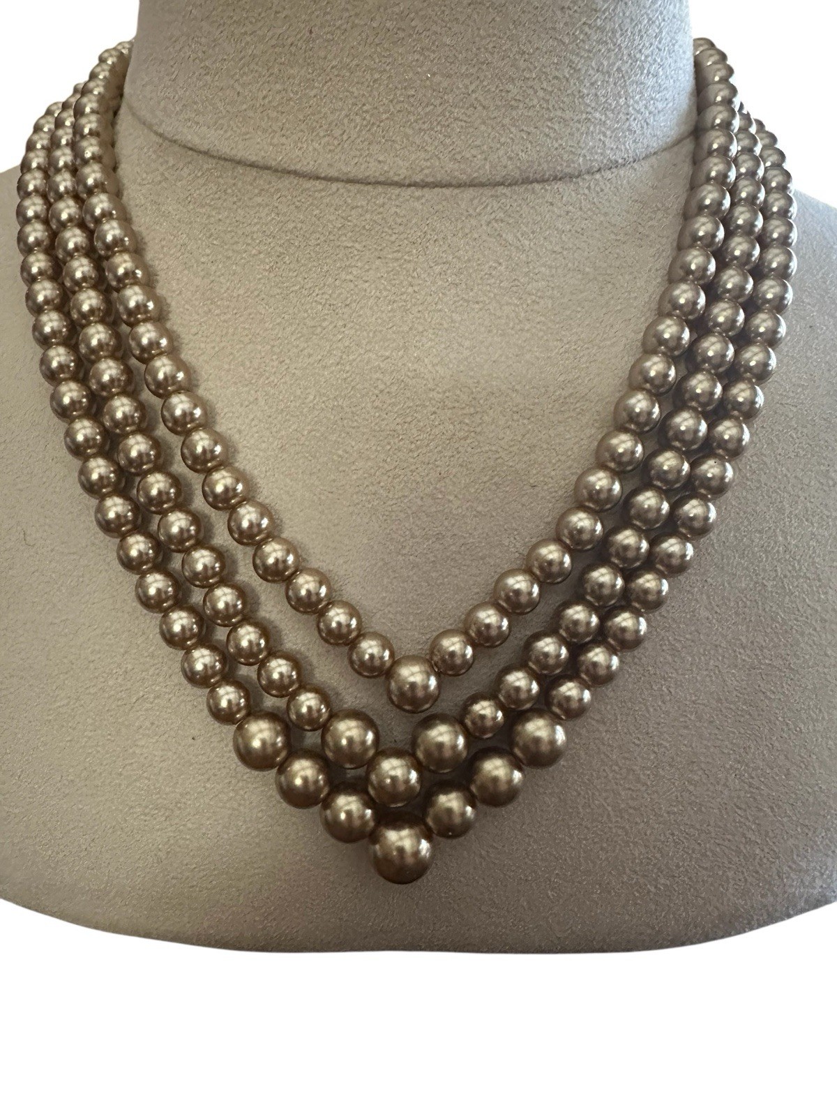 Faux Pearl Champagne Cream Triple Strand Beaded Necklace Collar