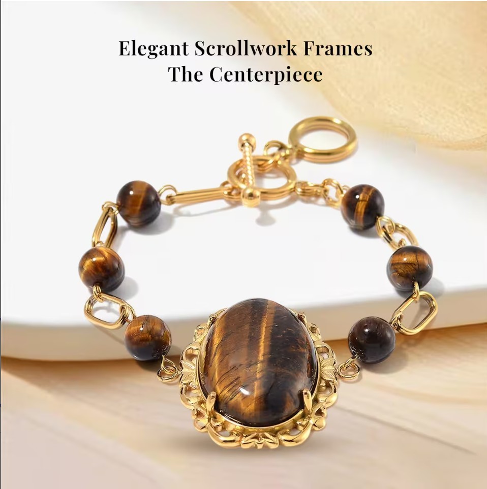 Yellow Tigers Eye 13.00ctw Bracelet ION Plated YG Stainless Steel (7.50-9.0In)
