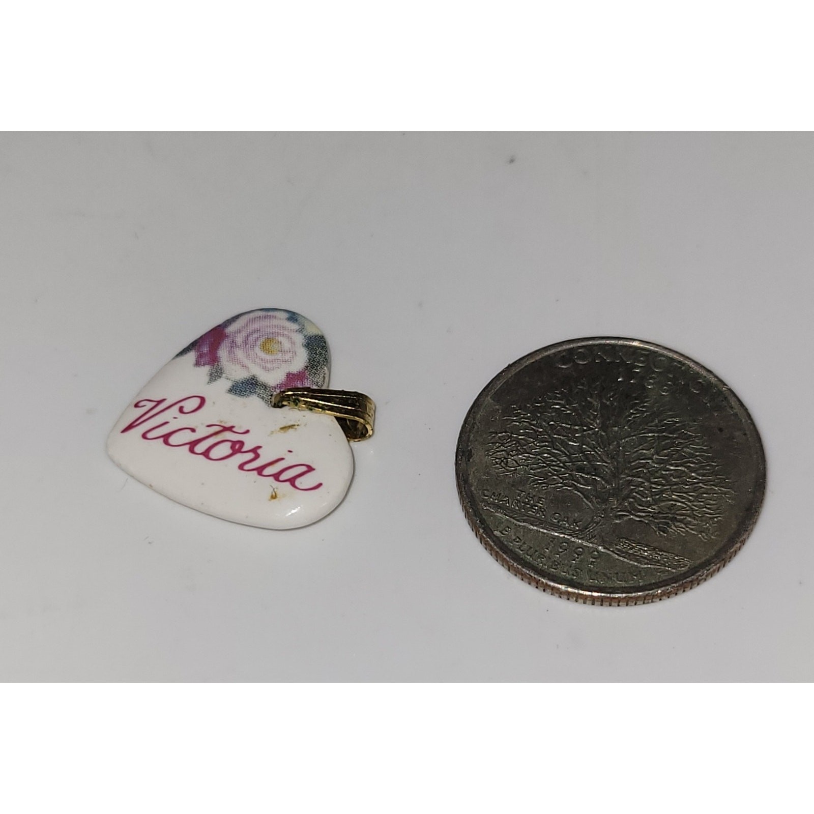 Victoria Heart Shaped Kiln Fired Porcelain Metal Bail Pendant ~ Flower graphic