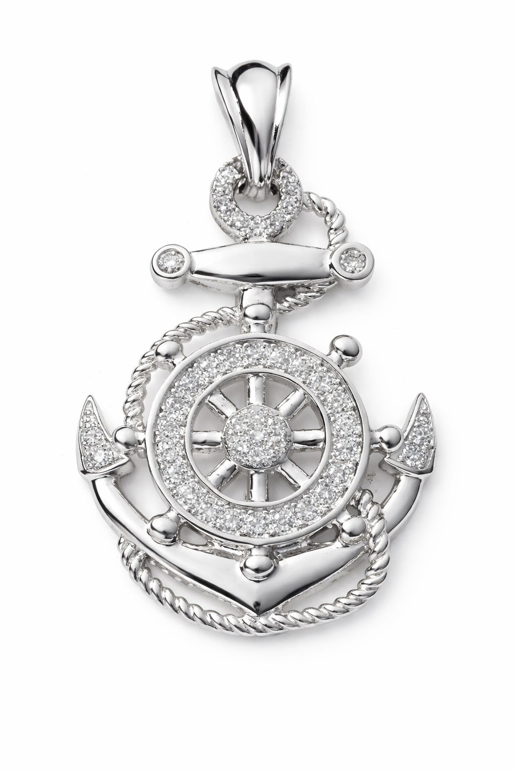 925 Sterling Silver Cubic Zirconia Anchor Wheel Nautical Pendant
