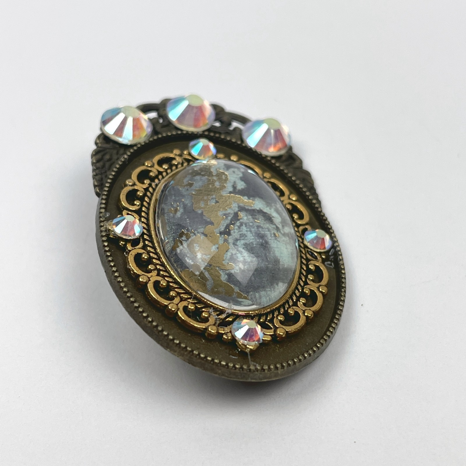 Unsigned Vintage Style Brooch Pendant Resin Cabochon AB Rhinestone Filigree