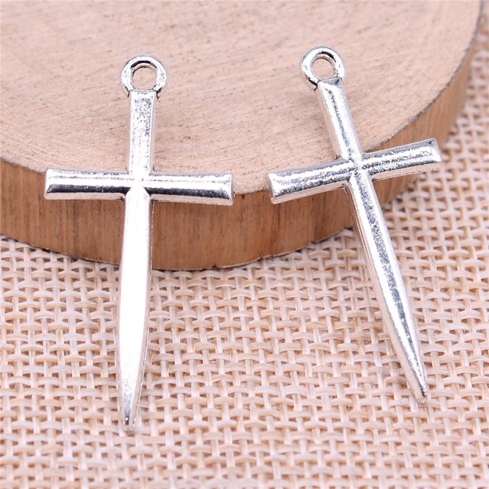 12/30PCS Antique Silver Tone Nail Cross Charm Pendant 18X38mm GGS386-16166