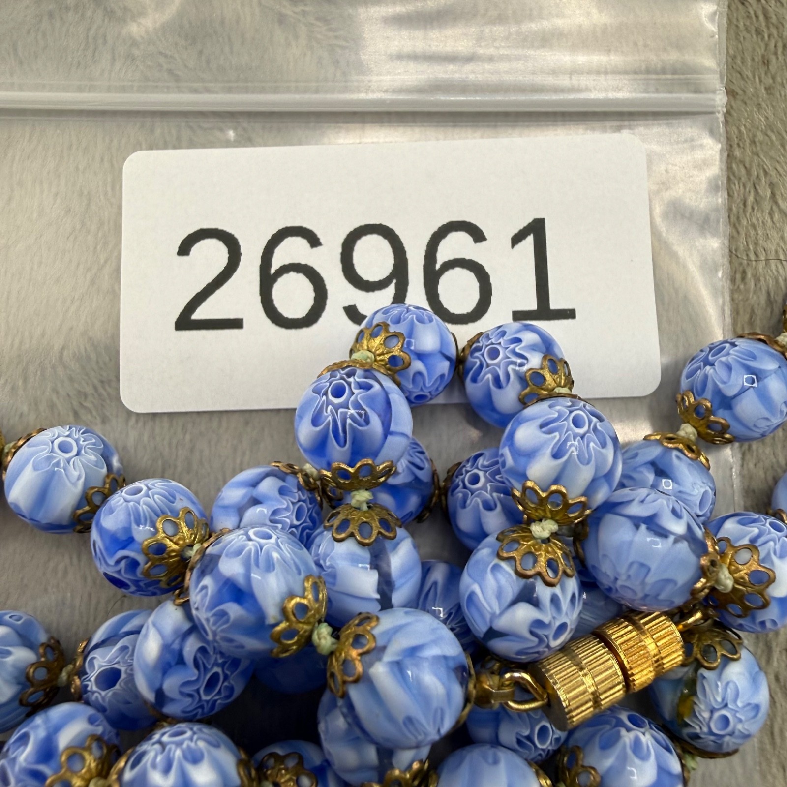 Vintage Millefiori Glass Beaded Necklace Flowers Blue Venetian 24”