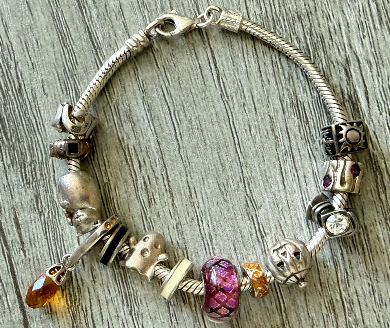 Chamilia Charm Bracelet Halloween Ghost Sterling Silver Beads Murano Glass 41g
