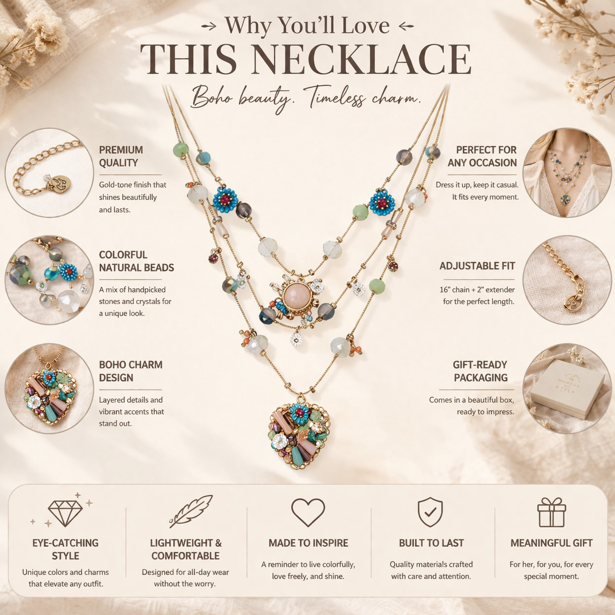 Betsey Johnson Layered Necklace Women Multicolor Charm Pendant Boho