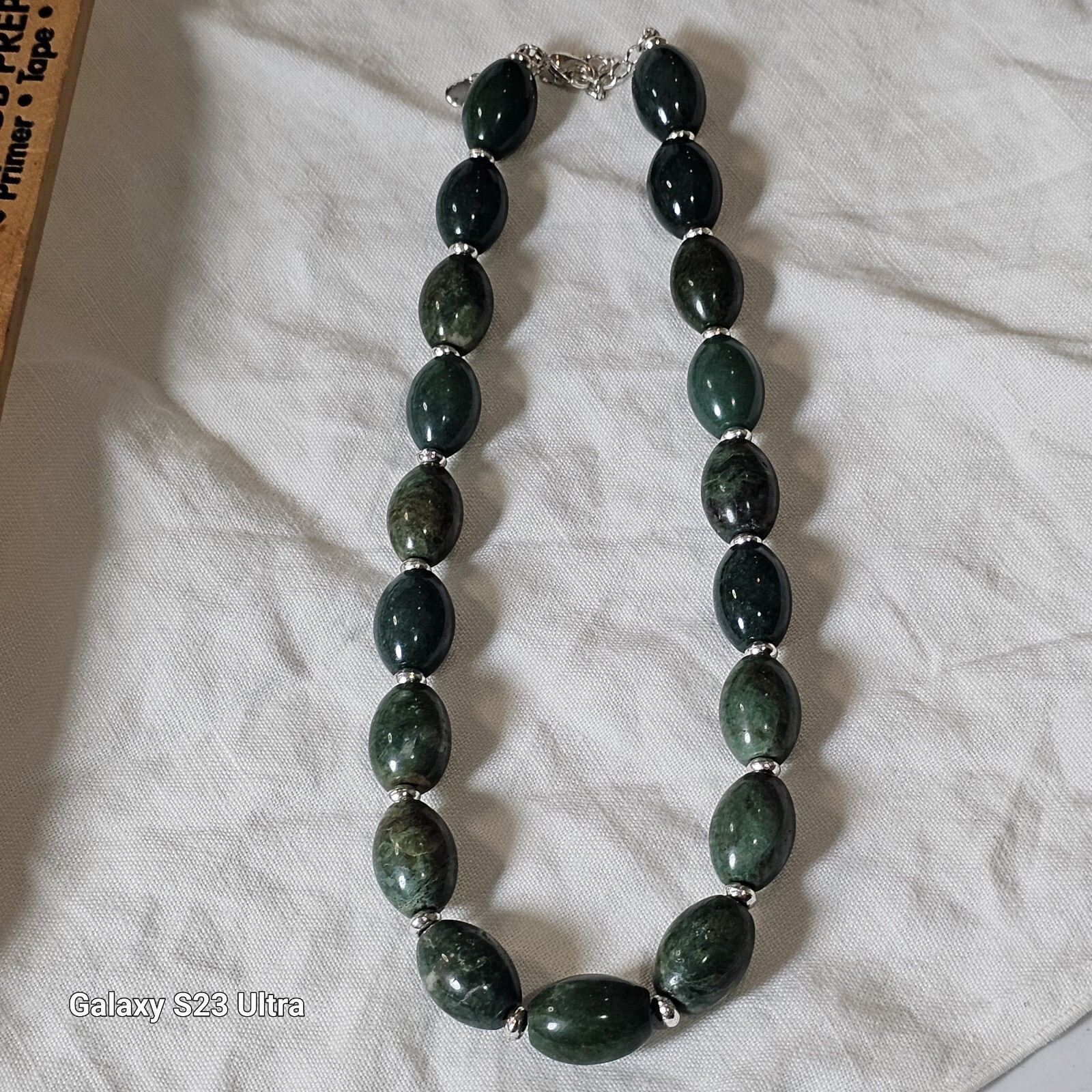 LC Marked green Stone Necklace with Silver Tone Spacers 20″ long