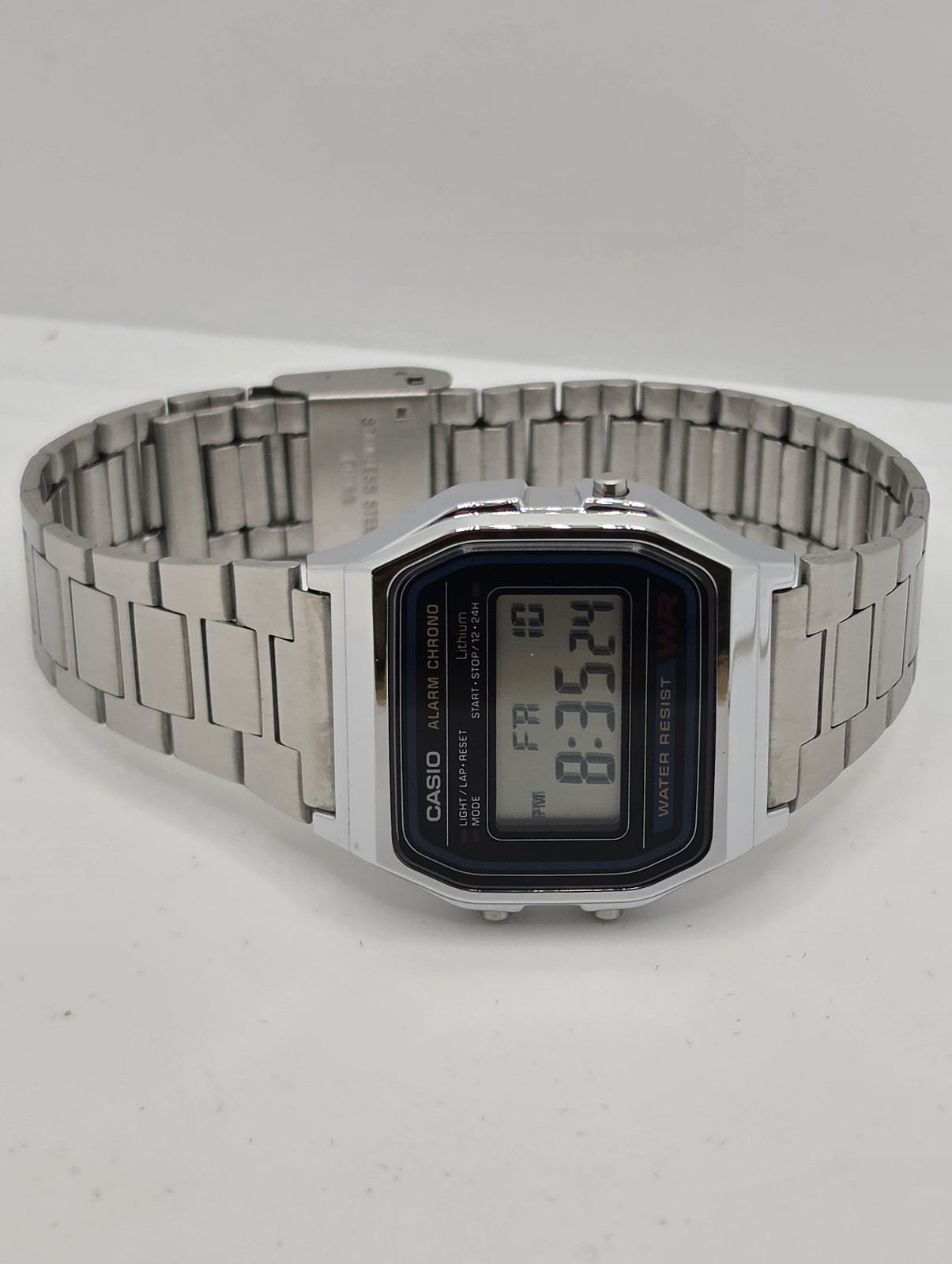 Casio A158W Digital Quartz Alarm Chronograph Silver SS Bracelet 35.4mm