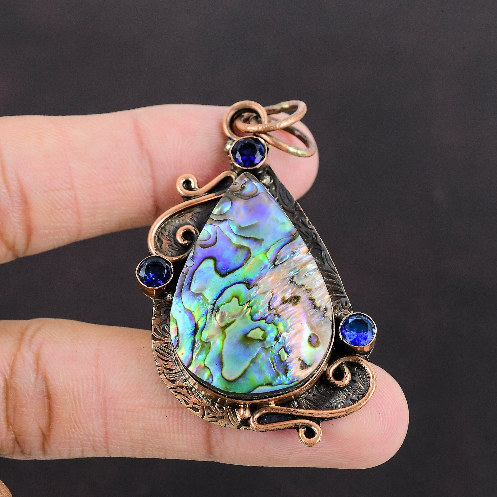 Pear Abalone Shell Gemstone Tanzanite Quartz Copper Anniversary Pendant Jewelry