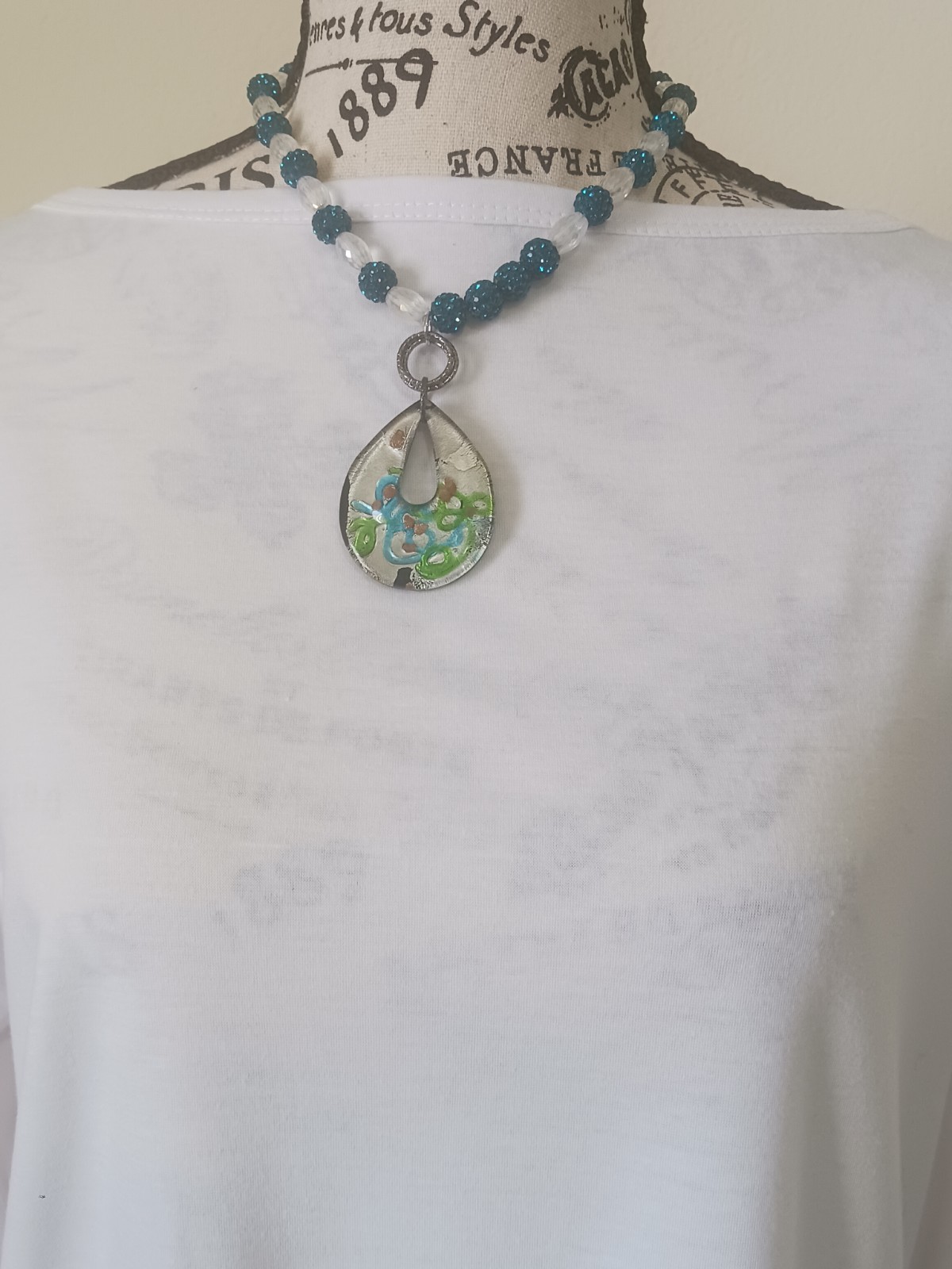 Artesian Collection Art Glass Pendant Necklace Blue Green Foil Beaded Boho