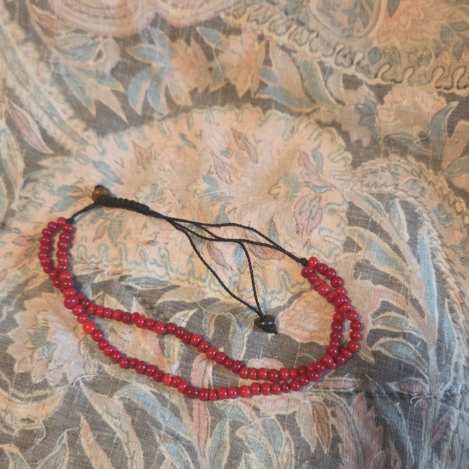 Red & Black Round Beaded Bracelet Adjustable Brown Ball/Bead Waxed String