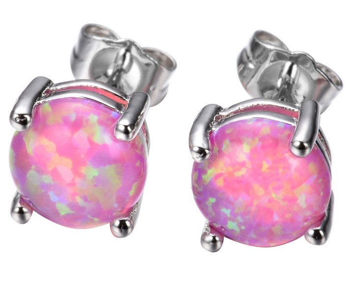 Women Classic 925 Sterling Silver Round Fire Opal Stud Earrings Gift Box PE19